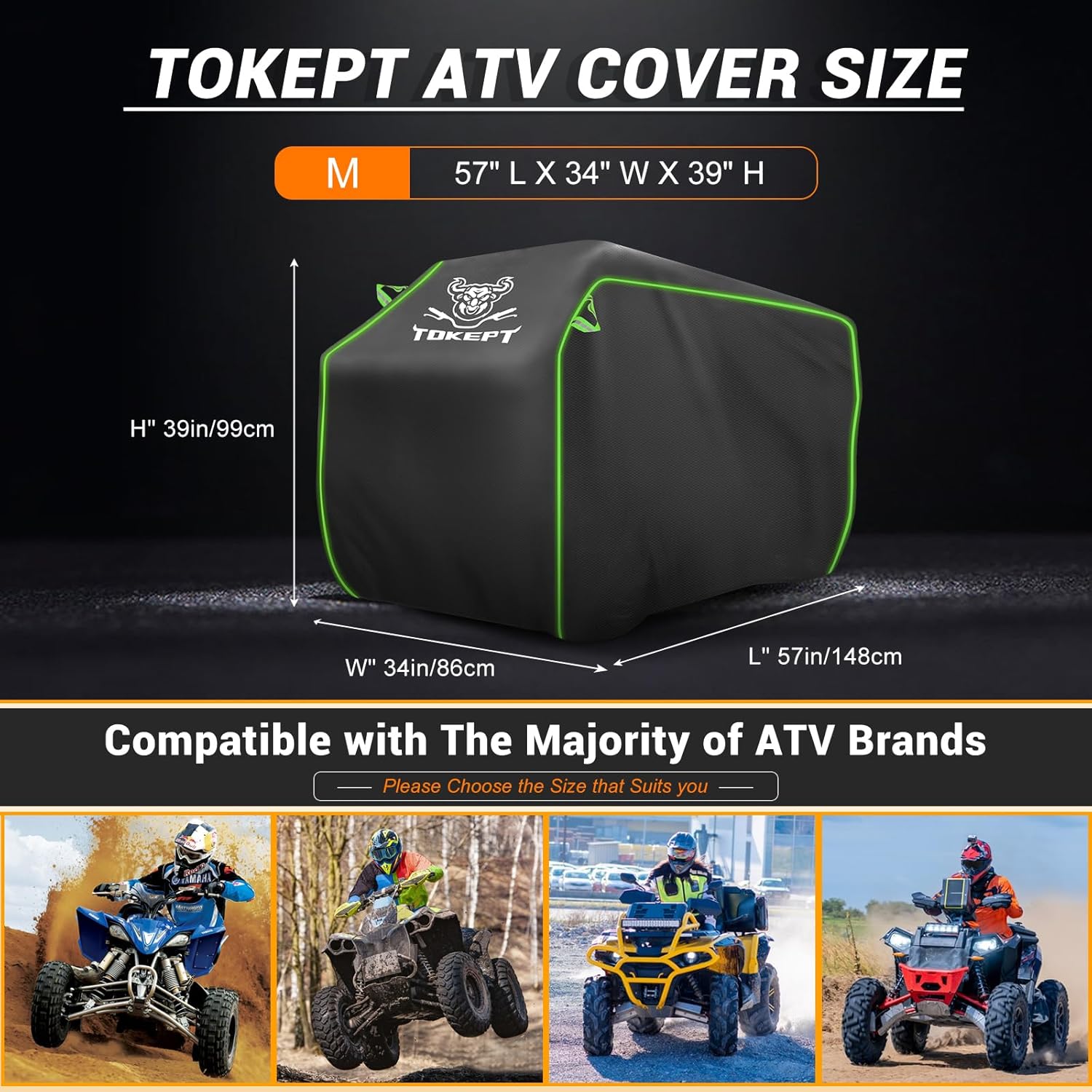 ATV Cover Waterproof, Heavy Duty Windproof Quad Covers, All Weather Protection 4 Wheeler Covers, Premium Accessories fit for Kawasaki, Honda, Polaris, Yamaha, 57'' (Black, M)