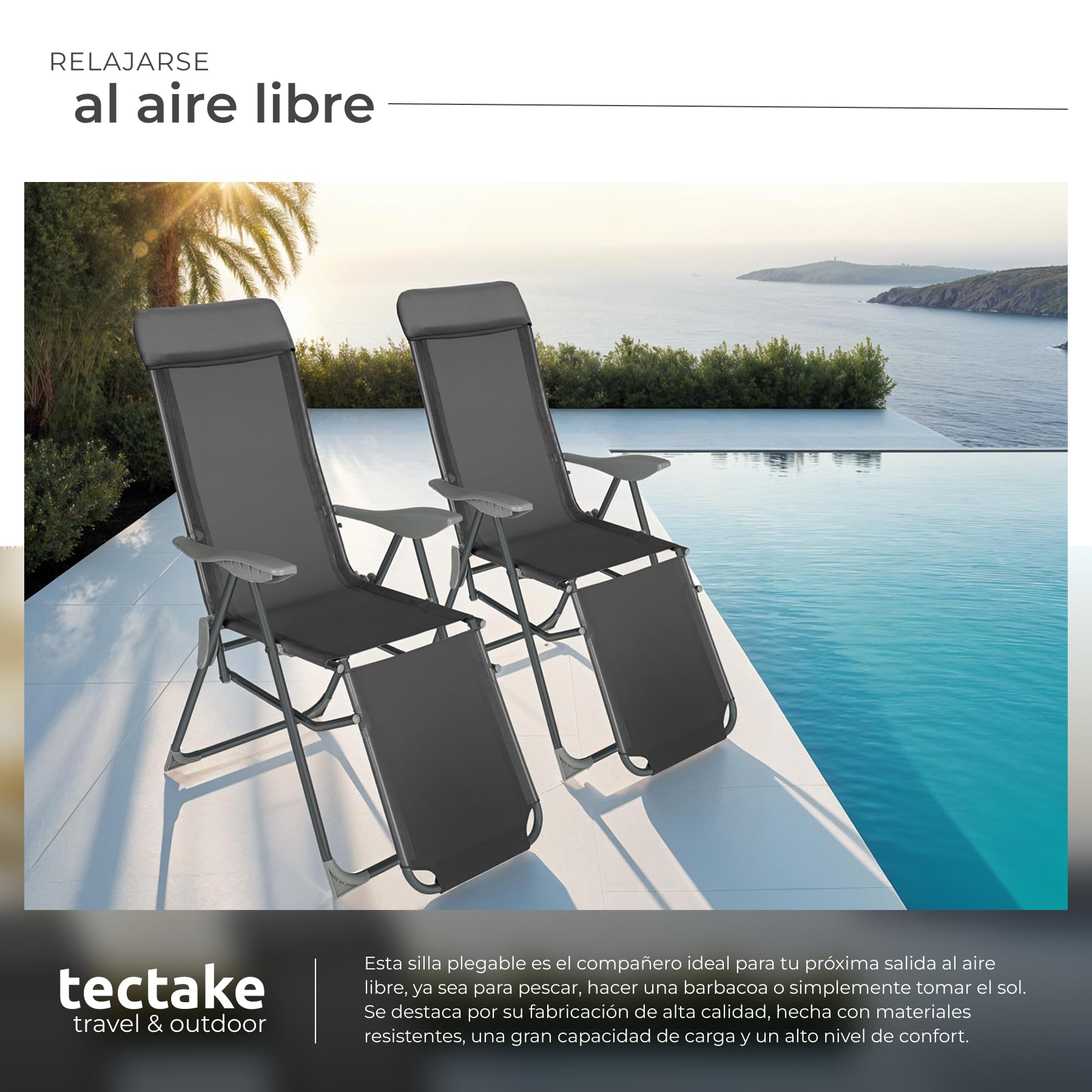 tectake® Conjunto Sillas Jardín Exterior de Aluminio, Respaldo Regulable y Reposacabezas, Conjunto Sillas Terraza Resistentes a Intemperie, Transpirable - 2 Tumbonas Antracita