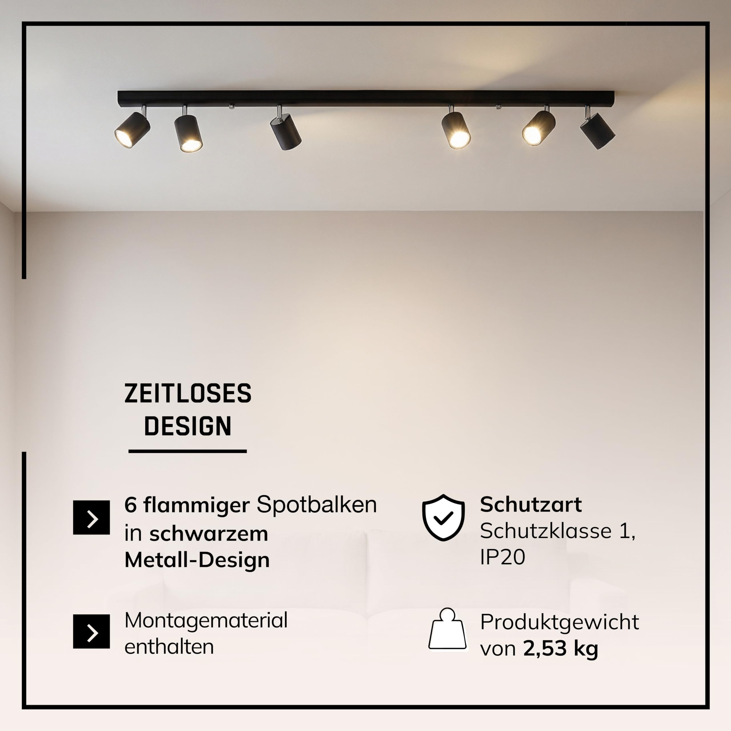 Lightbox Deckenlampe LED 6 flammig schwenkbare Spots GU10 Metall Schwarz