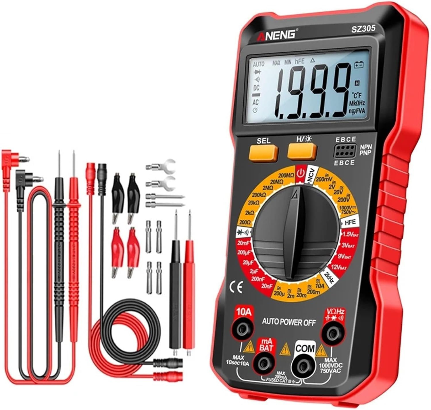 SZ305 1999 Count Professional Multimeter AC/DC Voltage Tester Ammeter Capacitor hFE Triode Hz Detector Electrician Tool(SZ305 Red Pro)