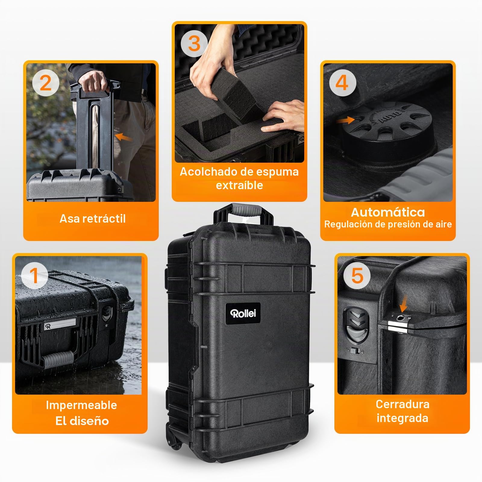 Rollei Maleta para cámara, Extremadamente Robusta, irrompible e Impermeable, Grande, con Ruedas, para Exteriores, regulación automática de la presión y protección antirrobo, maletín para cámara