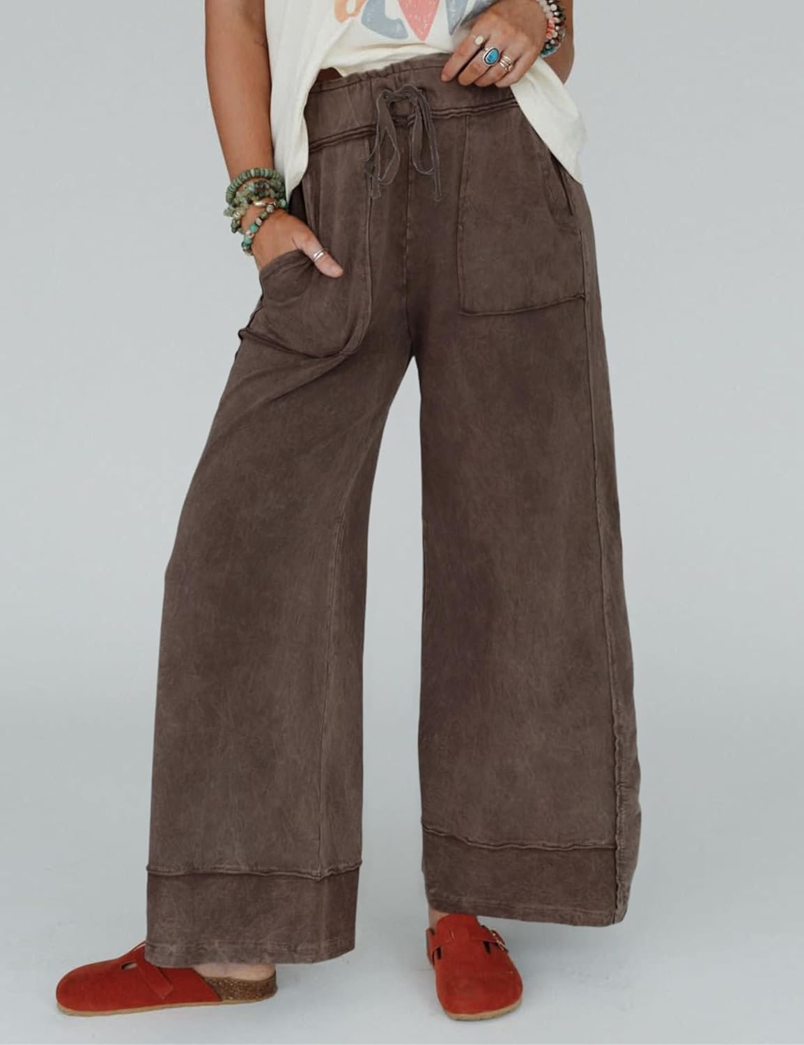 Athlisan Womens Casual Wide Leg Sweatpants Acid Wash Elastic Waisted Palazzo Pants Trousers with Pockets - Image 2