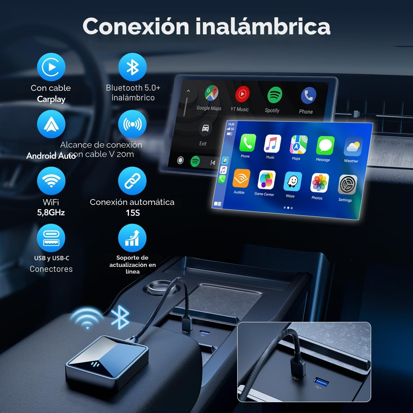 LAMTTO Adaptador CarPlay Inalámbrico 2 en 1,Convertir CarPlay/Android Auto Cable a Sin Cables,Bluetooth 5.3+5.8GHz WiFi,Plug y Play para iPhone iOS 11+/Android 11+ con Seat/Renault/Peugeot/VW 2016+