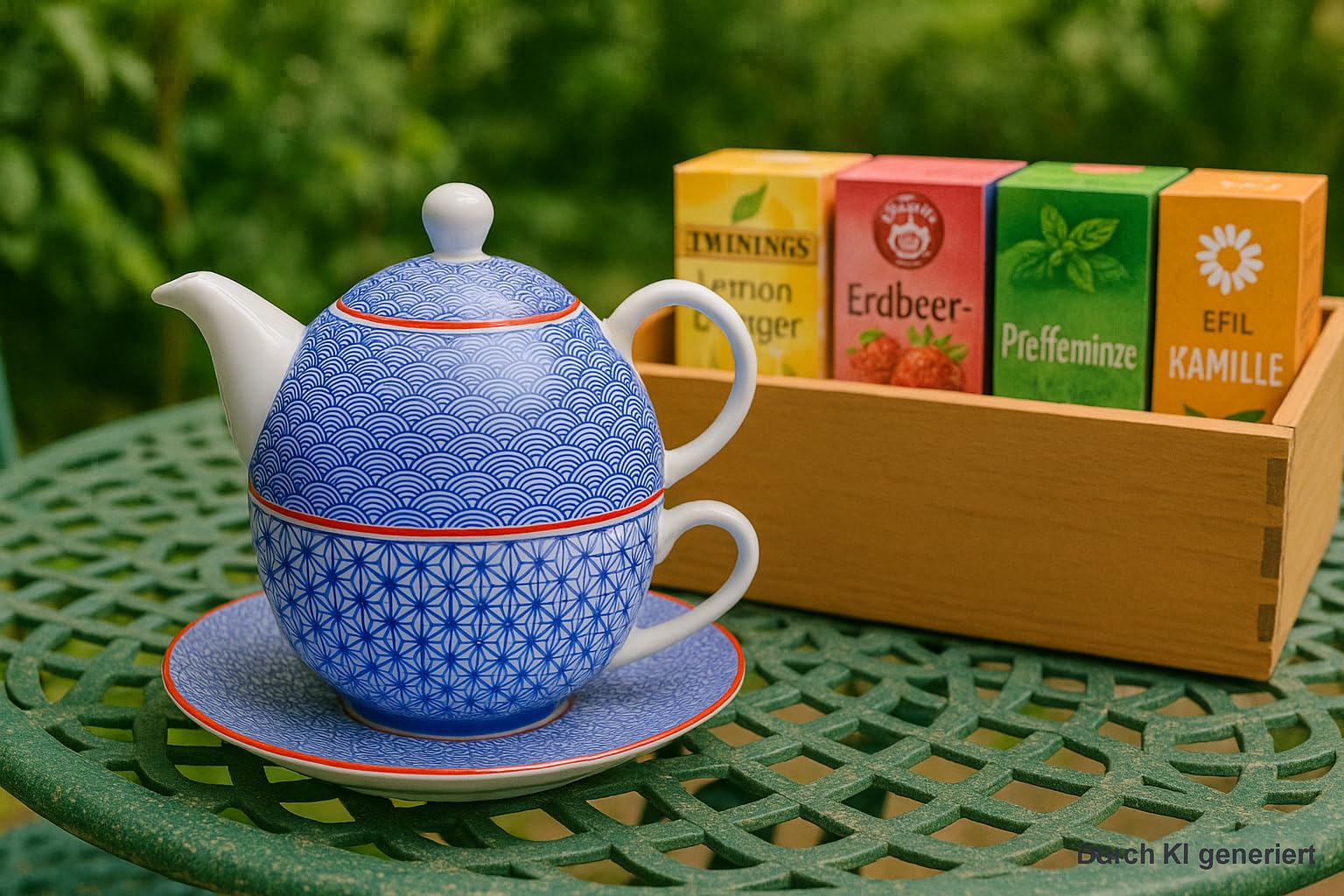 Dekohelden24 Teiera in porcellana, set Tea for one, caraffa da servizio per il tè, teiera, servizio da tè, tazza da tè con teiera, set di teiere retrò con tazza da tè in porcellana in blu, L/L/A 15 x