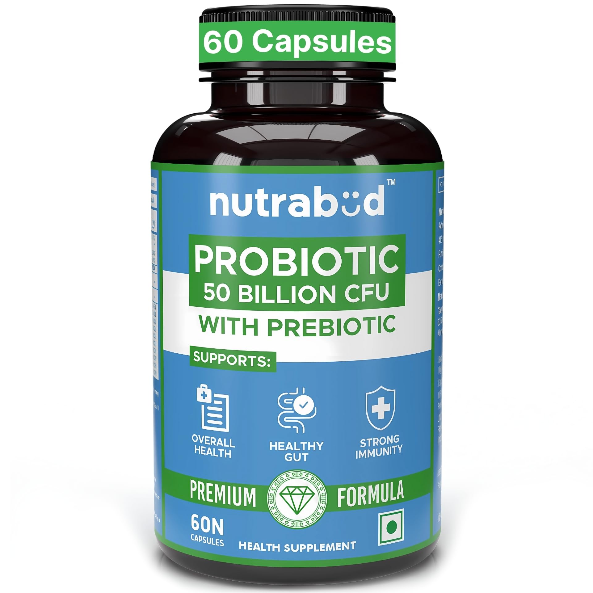 Nutrabud Probiotic Supplement 50 Billion CFU for Women & Men - Probiotic for Gut Health Supplements - Supports Digestion & Immunity - 60 Veg Capsules (60 Count (Pack of 1), Unflavoured)