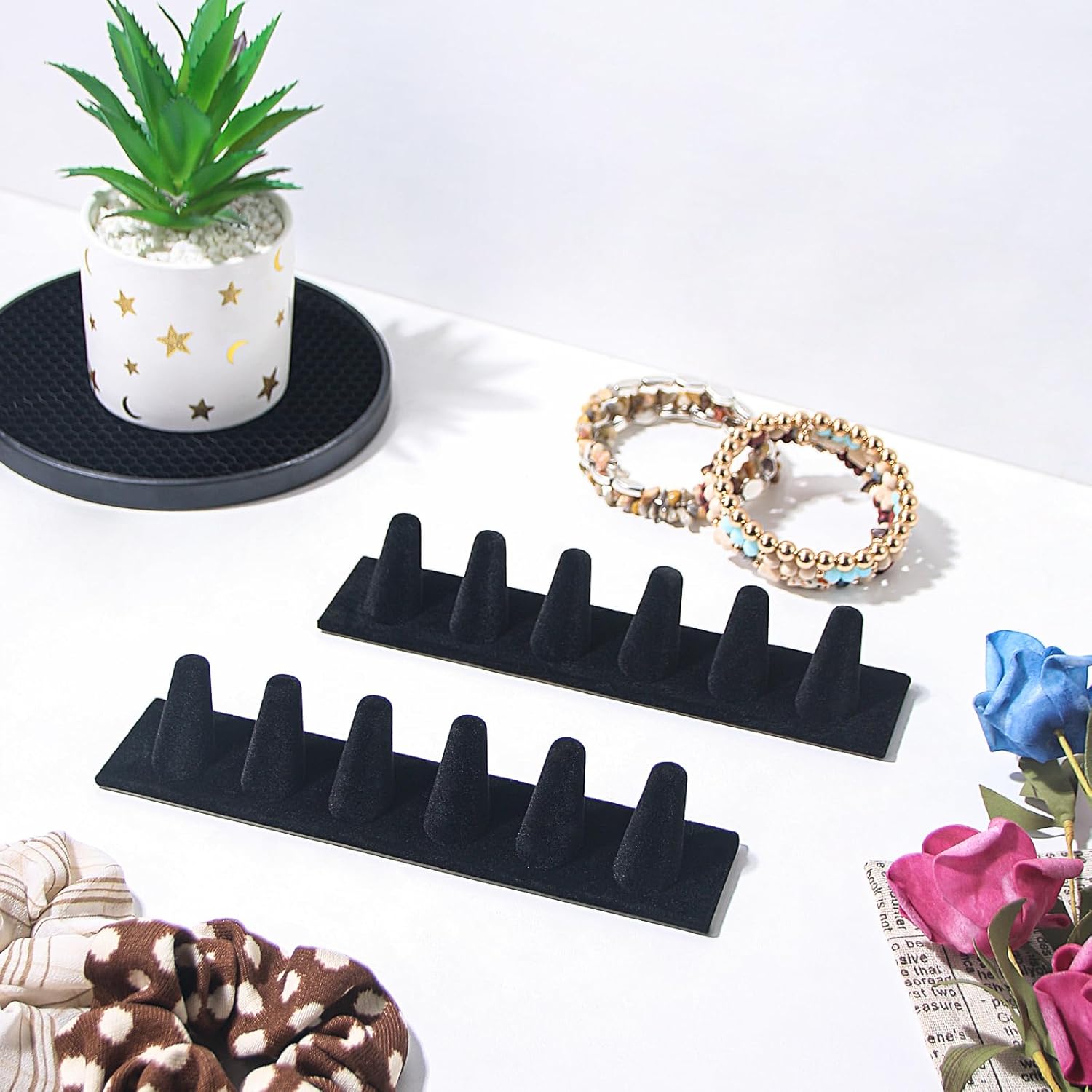 Velvet 6 Finger Ring Display Stand, Ring Holder Organizer, Ring Holder Stand for Selling, Jewelry Ring Storage for Home Desk Drawer (Black 2PC) - Image 4