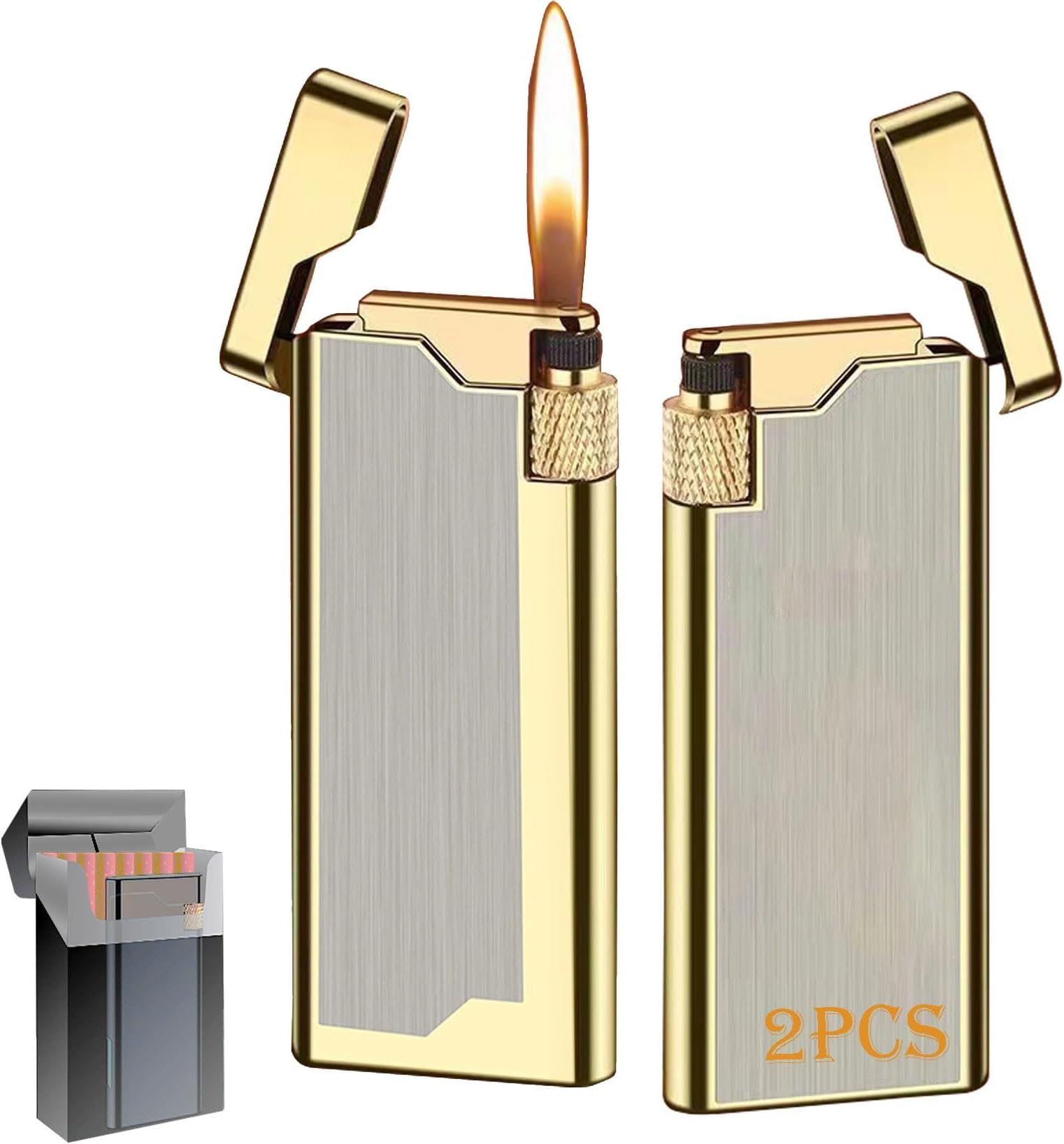 Refillable Butane Flint Lighter with Visible Window, 2 Pack Adjustable Pocket Lighters for Camping,Survival, Emergency,Outdoor,BBQ, Candle(D)