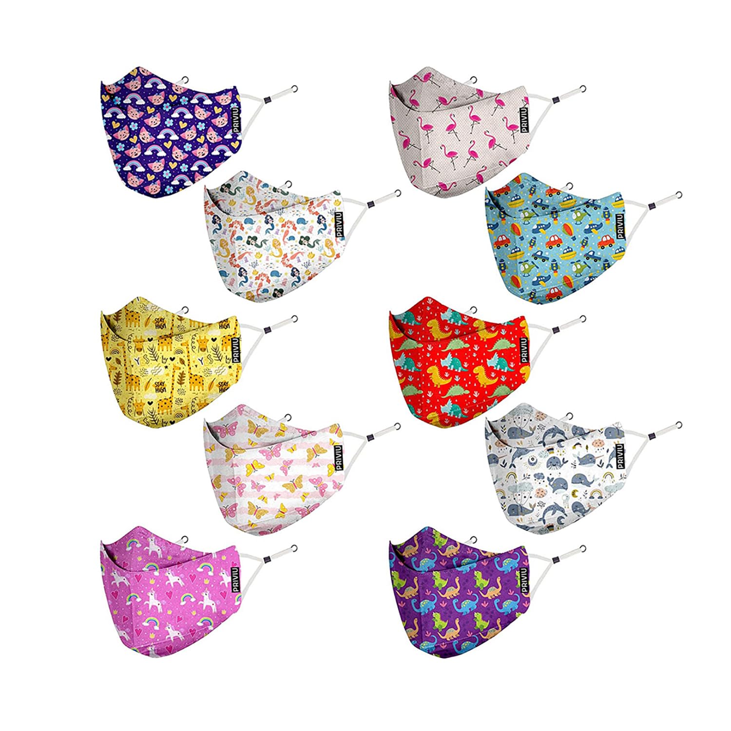 PRIVIU Face Mask for Kids Girls & Boys 3 to 8 Years, Washable Reusable, 3D Comfortable Face Mask with Adjustable Earloop, 4 Layer with Pure Cotton Inner Cloth, Pack of 10-picture-14
