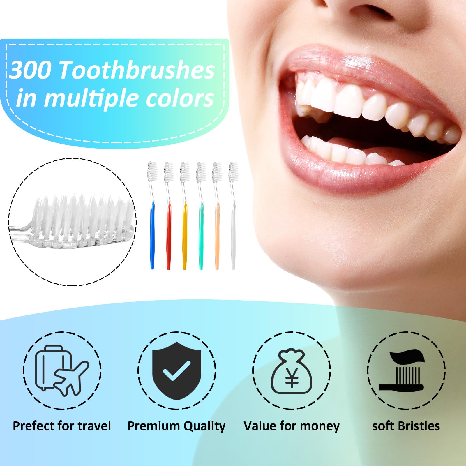 Honeydak Set di 300 spazzolini da denti monouso confezionati singolarmente spazzolino da denti medio morbido da viaggio manuale per adulti bambini da viaggio, set da toeletta, 6 colori