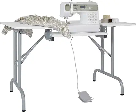 "Sew Ready 47.5" Foldable Sewing Table with Adjustable Shelf - White, Multipurpose & Compact"
