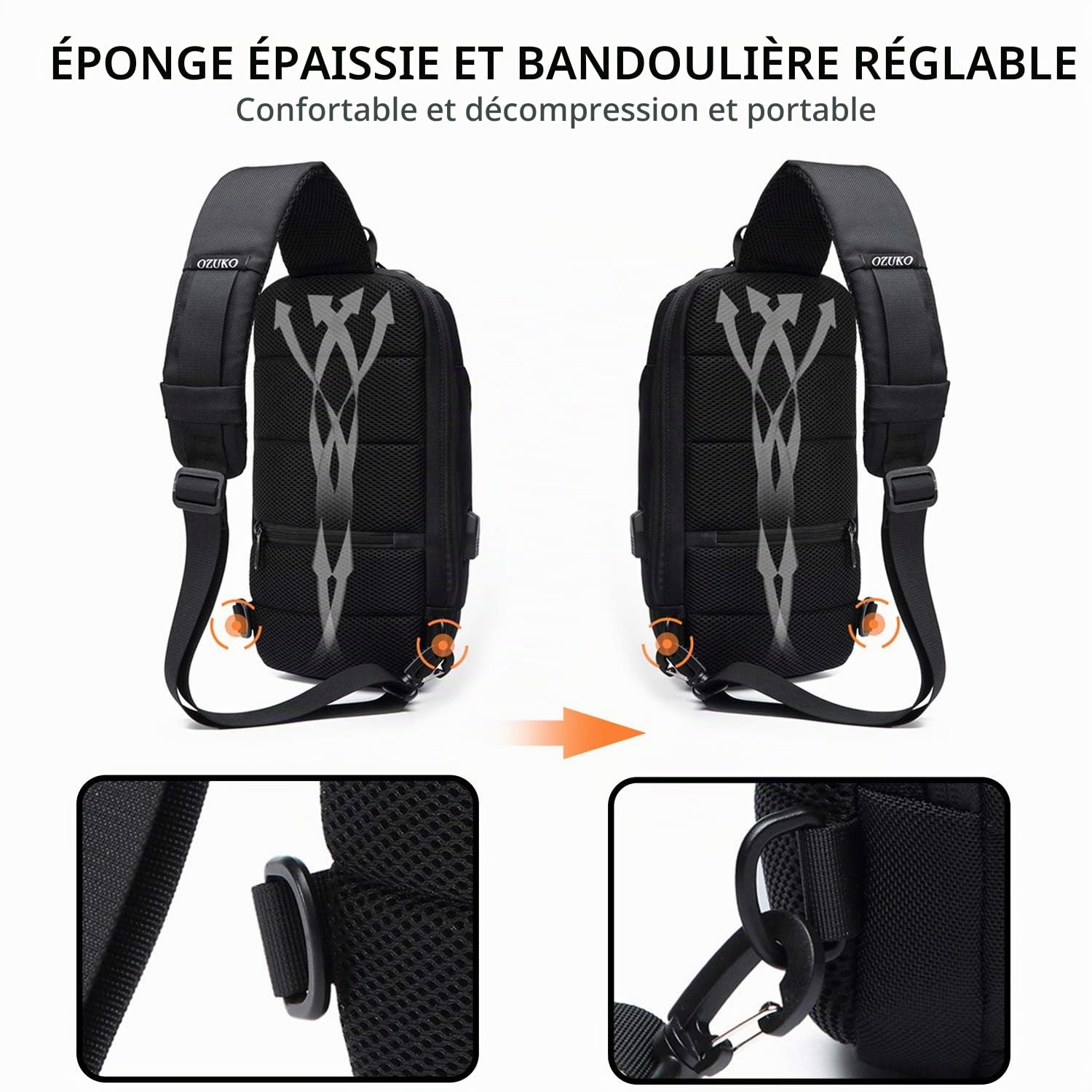 FANDARE Nouveau Sac de Poitrine Anti-vol Sac d'Epaule Sacoche Homme avec Verrou Mot de Passe,USB,Réfléchissante Sac Bandoulière Imperméable Sling Bag pour Cyclisme,Camping,Voyage Polyester