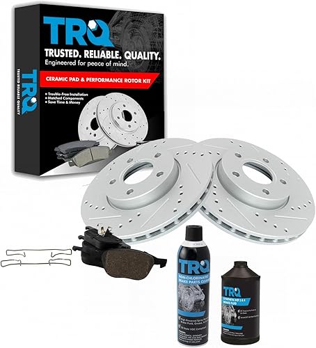 TRQ Rotor de freno de rendimiento perforado ranurado y almohadilla de cerámica Kit delantero w/productos químicos