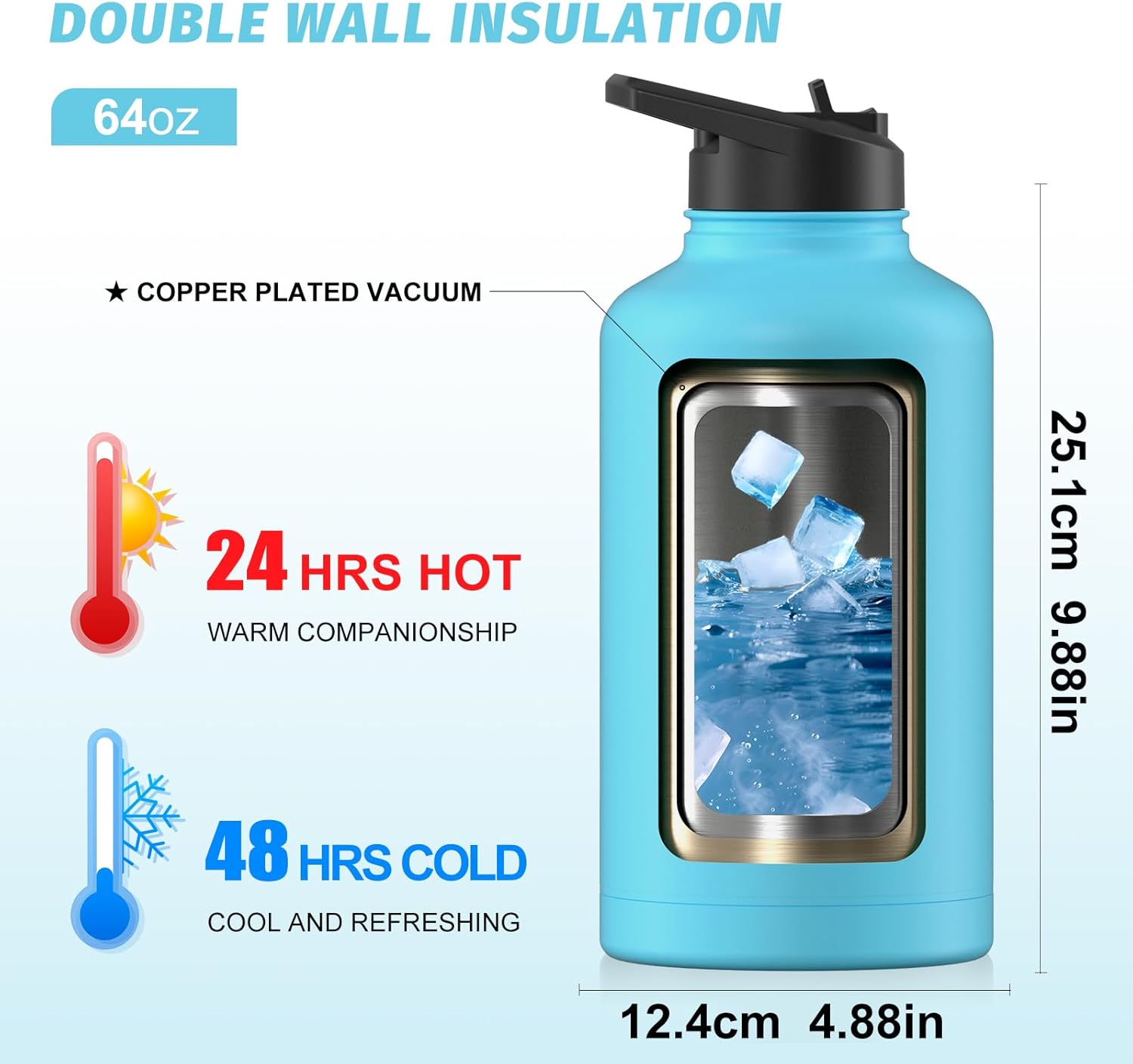 64oz Insulated Water Bottle (Cold for 48 Hrs),BPA Free&Leak Proof,Half Gallon Stainless Steel Water Flask,Water Jug with Straw Spout Lids for Gym,Hiking,Camping,Sky Blue - Image 2