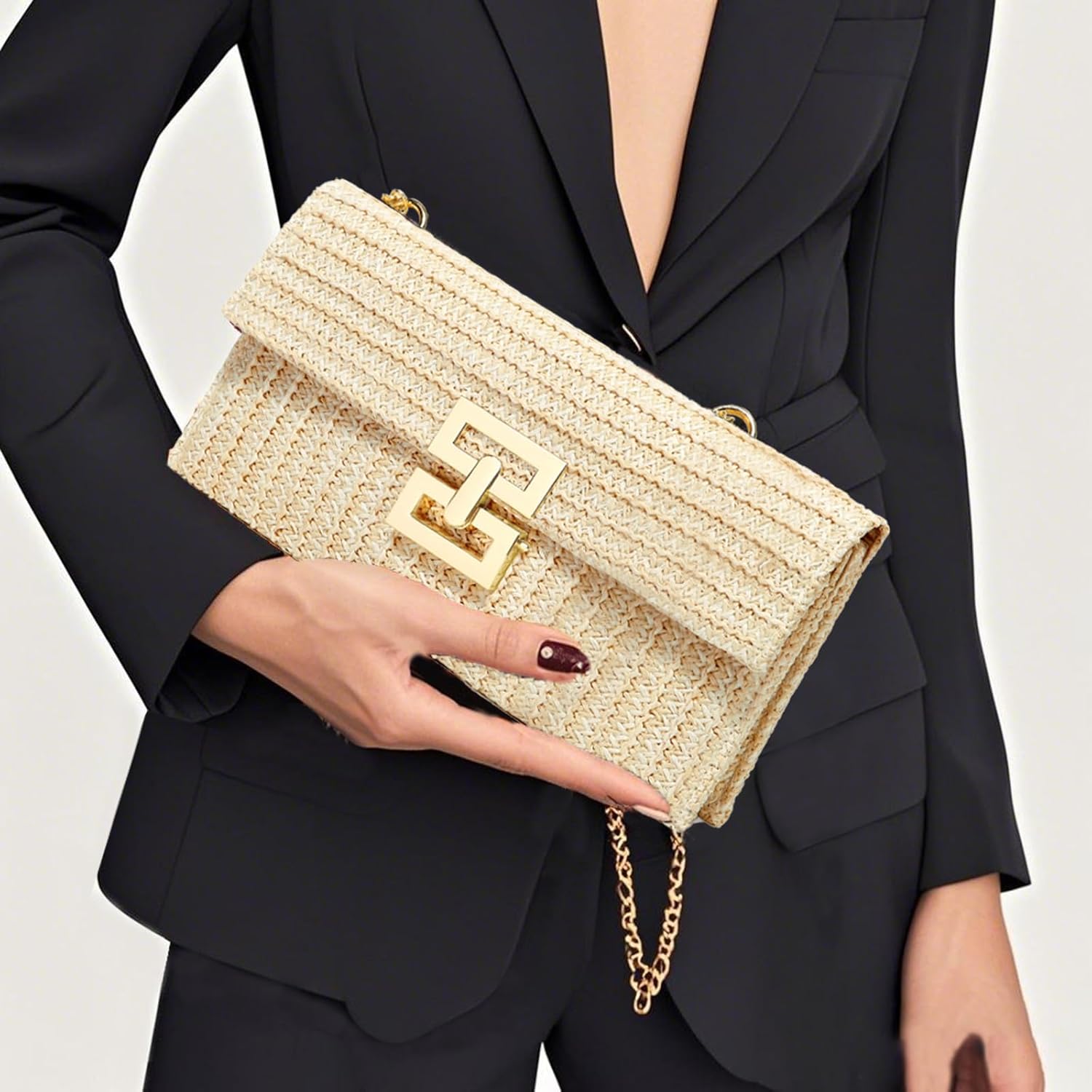 Straw Clutch Purse Crossbody Bag for Women Designer Evening Handbag Casual Summer Beach Straw Shoulder Bag - Image 5