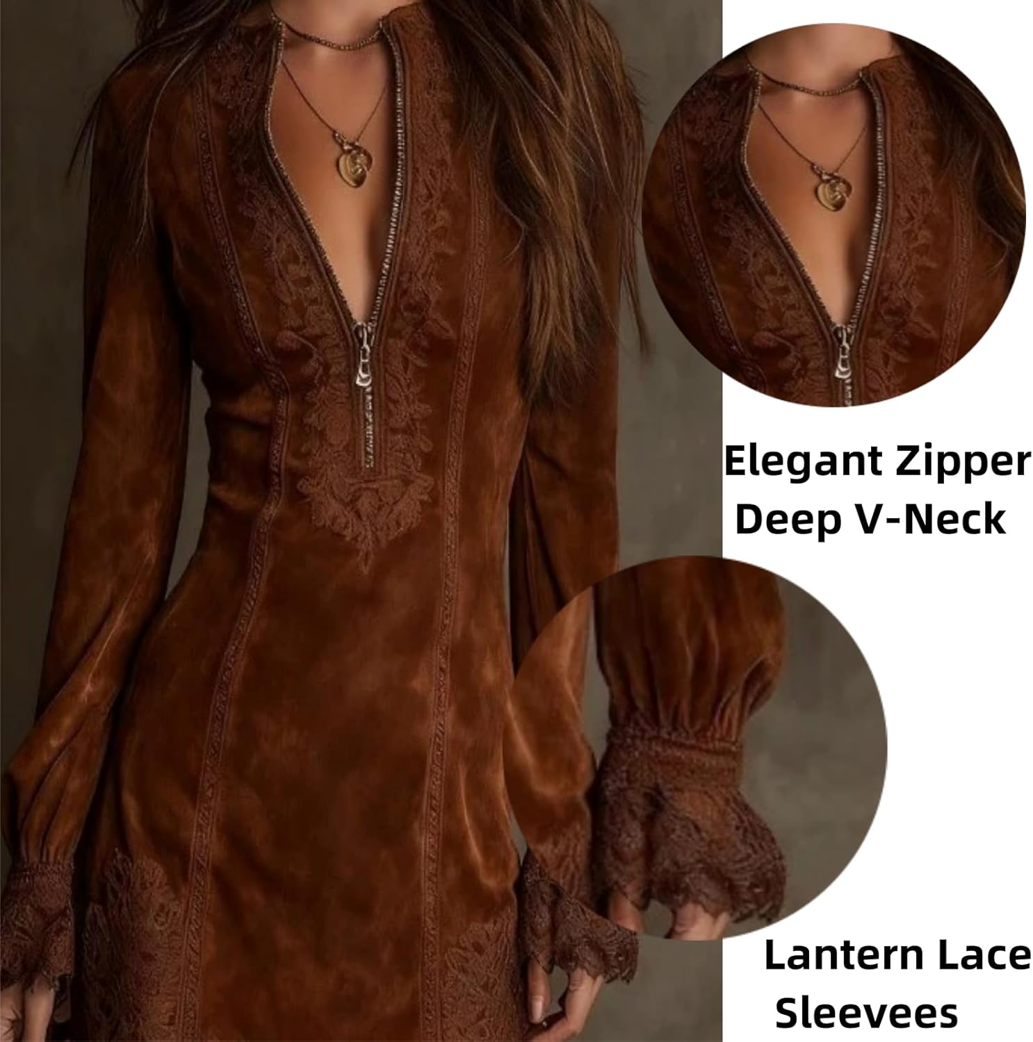 Womens Suede V-Neck Zip-Up Dress,Sexy Western Cowgirl Suede Dress with Lace Trim,Long Sleeve Solid Retro Mini Dresses - Image 6
