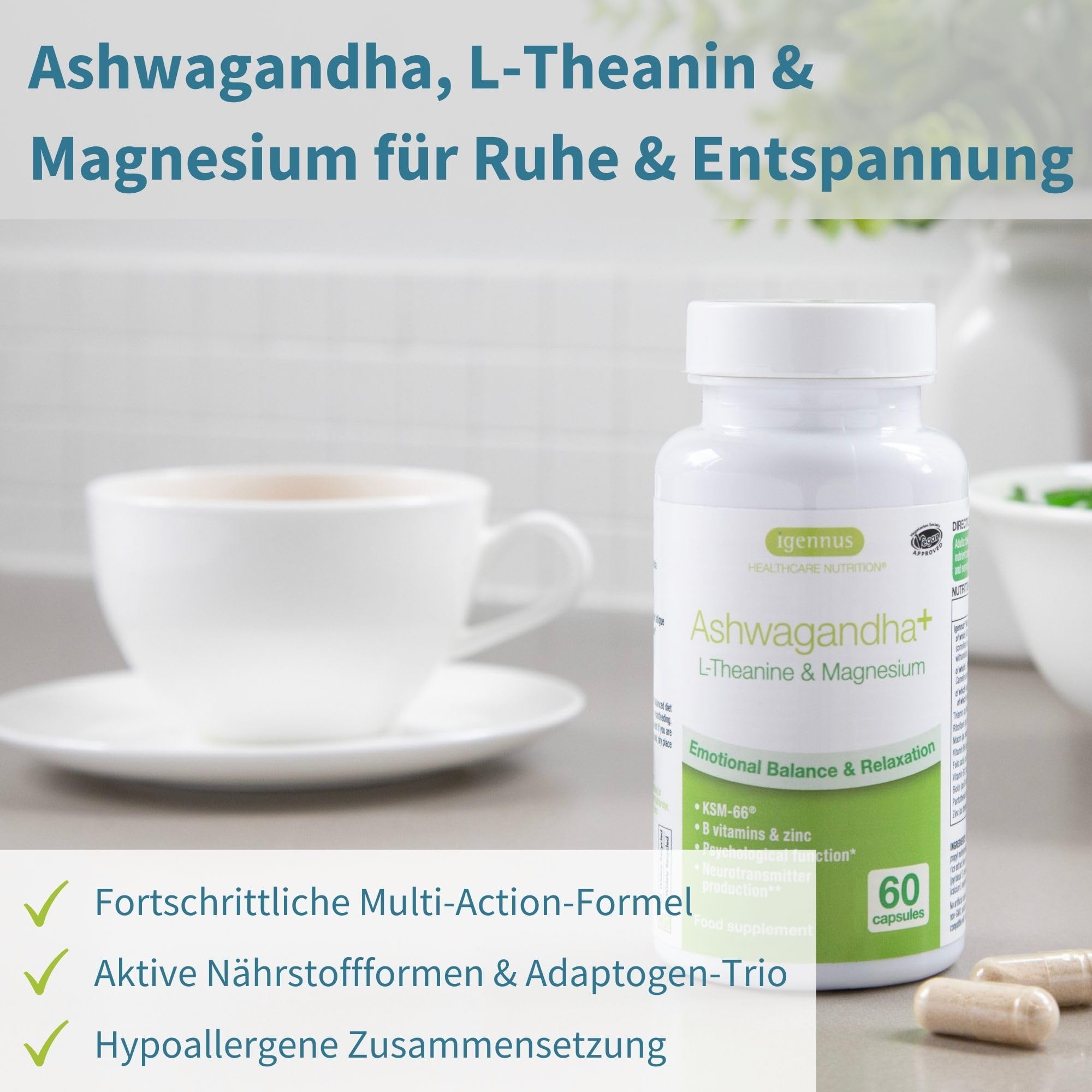 Igennus hochdosierter Ashwagandha Anti-Stress Komplex, KSM-66 Wurzelextrakt & L-Theanin & Magnesium, methylierte B-Vitamine, Adaptogen-Komplex für Entspannung & Schlaf, Clean Label, 60 vegane Kapseln