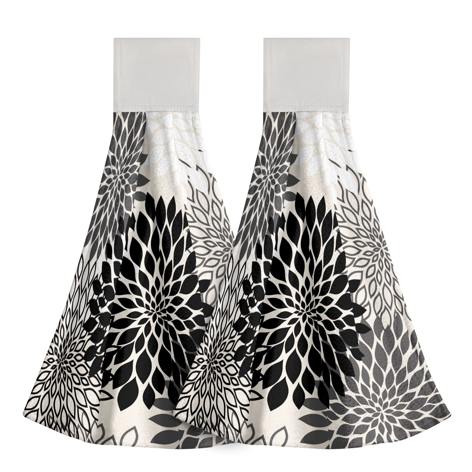 Summer Vintage Dahlia Hanging Kitchen Towel 2 Pcs Grey Gray Geometric Floral Soft Coral Velvet Tie Hand Towels with Loop for Bathroom Oven Handle