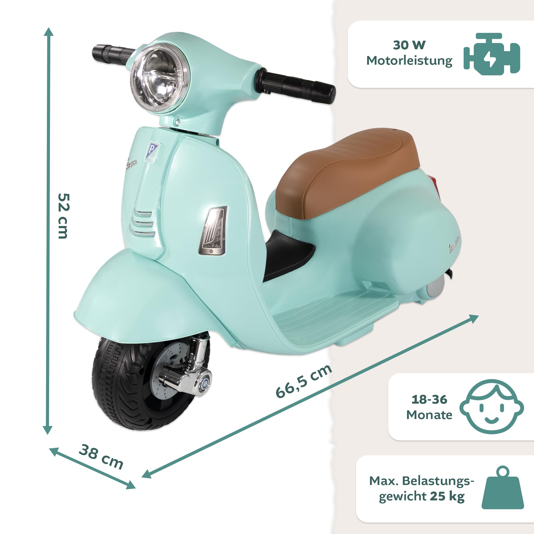 LEMODO Elektrofahrzeug Vespa in grün, Kinder Motorrad ab 18 Monate, Elektromotorrad mit Licht und Sound, Kinderroller mit abnehmbaren Stützrädern, Lizenziertes Kinderfahrzeug