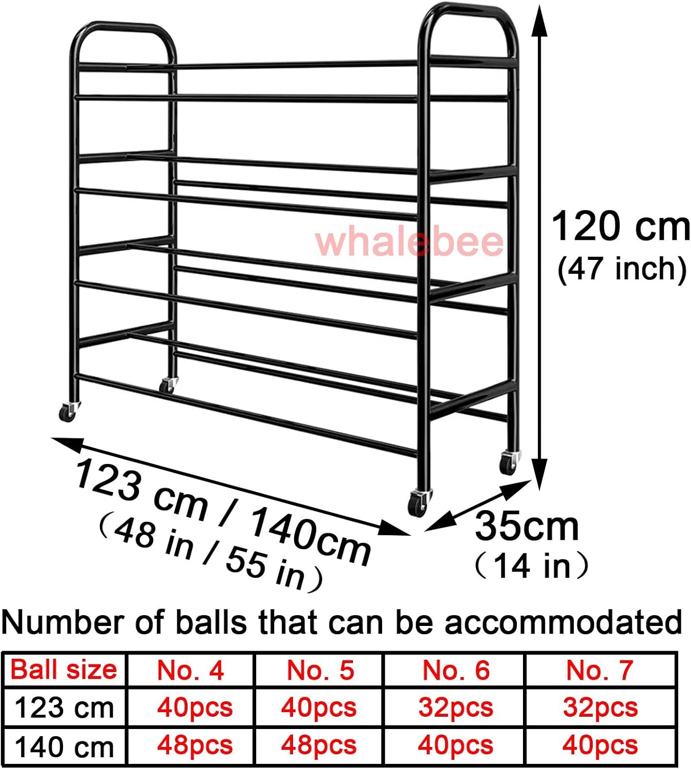 Garage Ball Storage 4-Tier Rolling Balls Storage Cart, Black White Sports Equipment Organizer with Wheels, Ball Storage Racks Pour Basket-Ball Football Volley-Ball