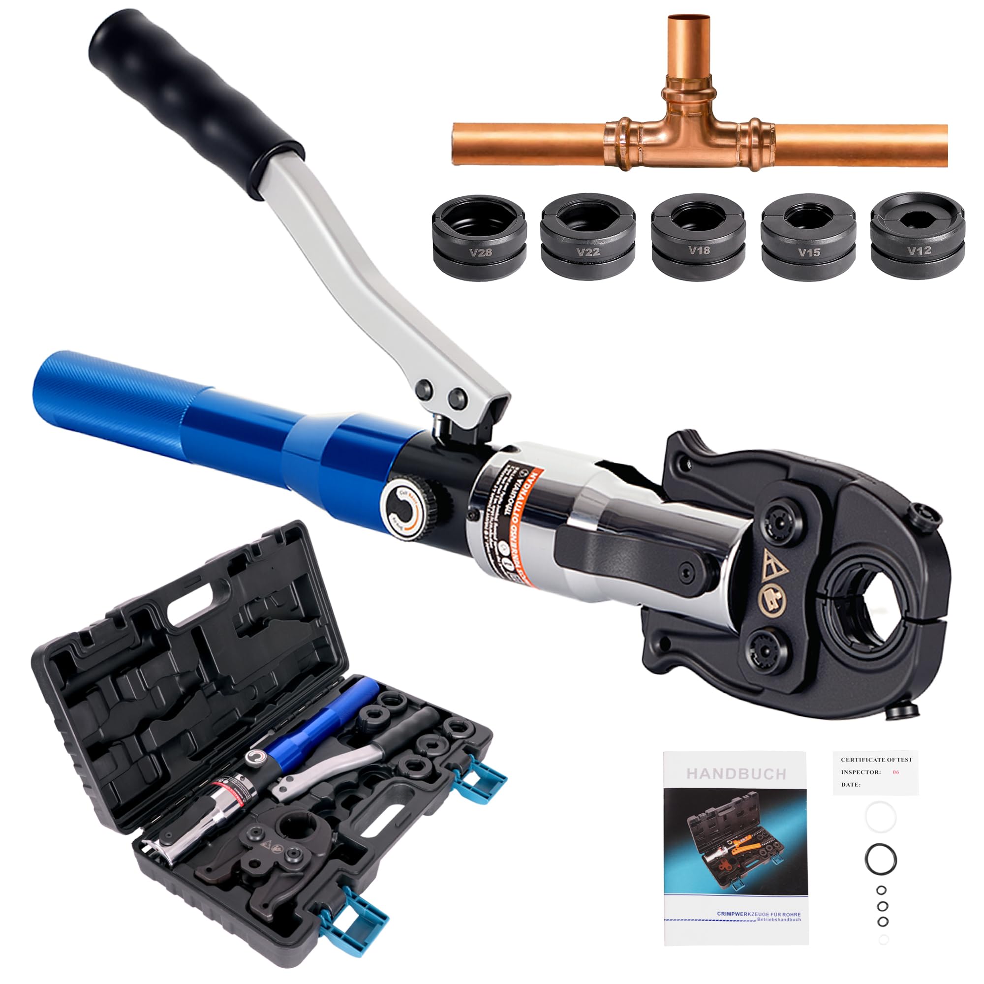 Professional Pressure Pliers - Hydraulic Tool with V-Contour Jaws 12-15-18-22-28 - Tool Set with Jaw Inserts V12, V15, V18, V22, V28 Recycled Claim Standard 100