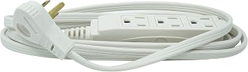 Woods SlimLine Indoor Flat Extension Cord, 8 Ft, 16 Gauge Right Angle Plug, 3 Polarized Outlets, 125 Volts, White, 2241