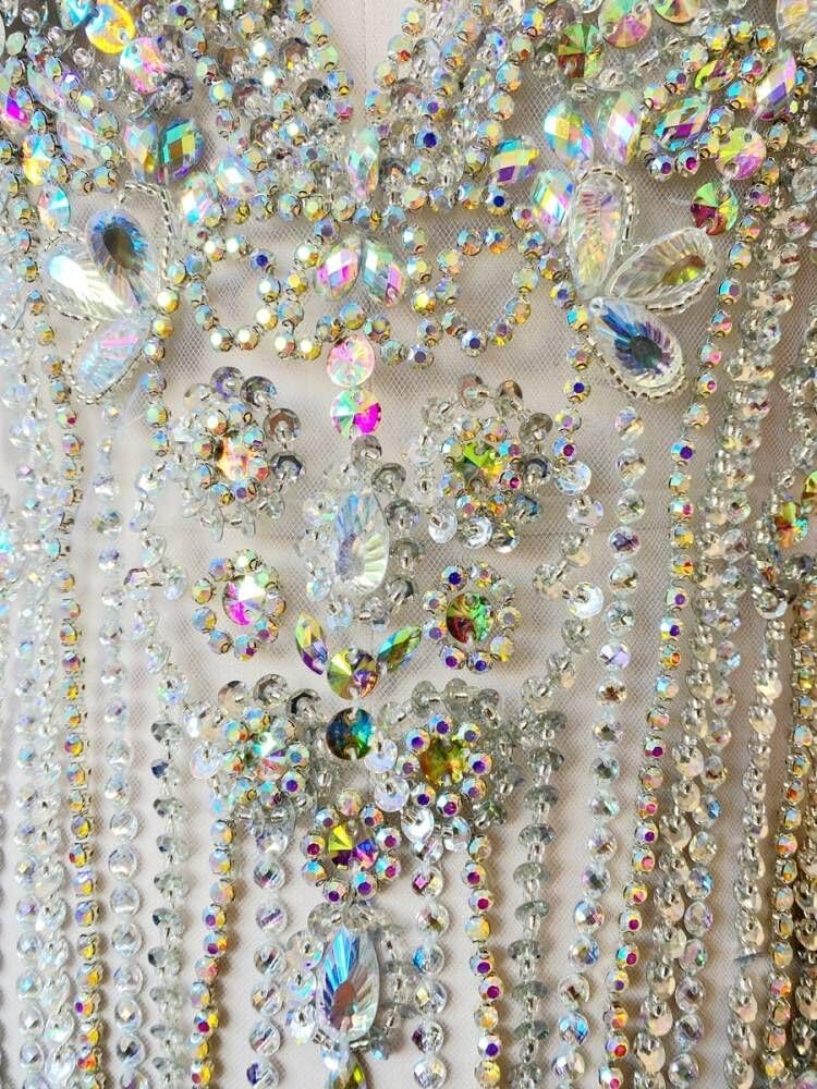 100% Handmade Rhinestones Applique on White net sew on Beads Crystal Patches Accessory for Dress Clothes (Clear AB)
