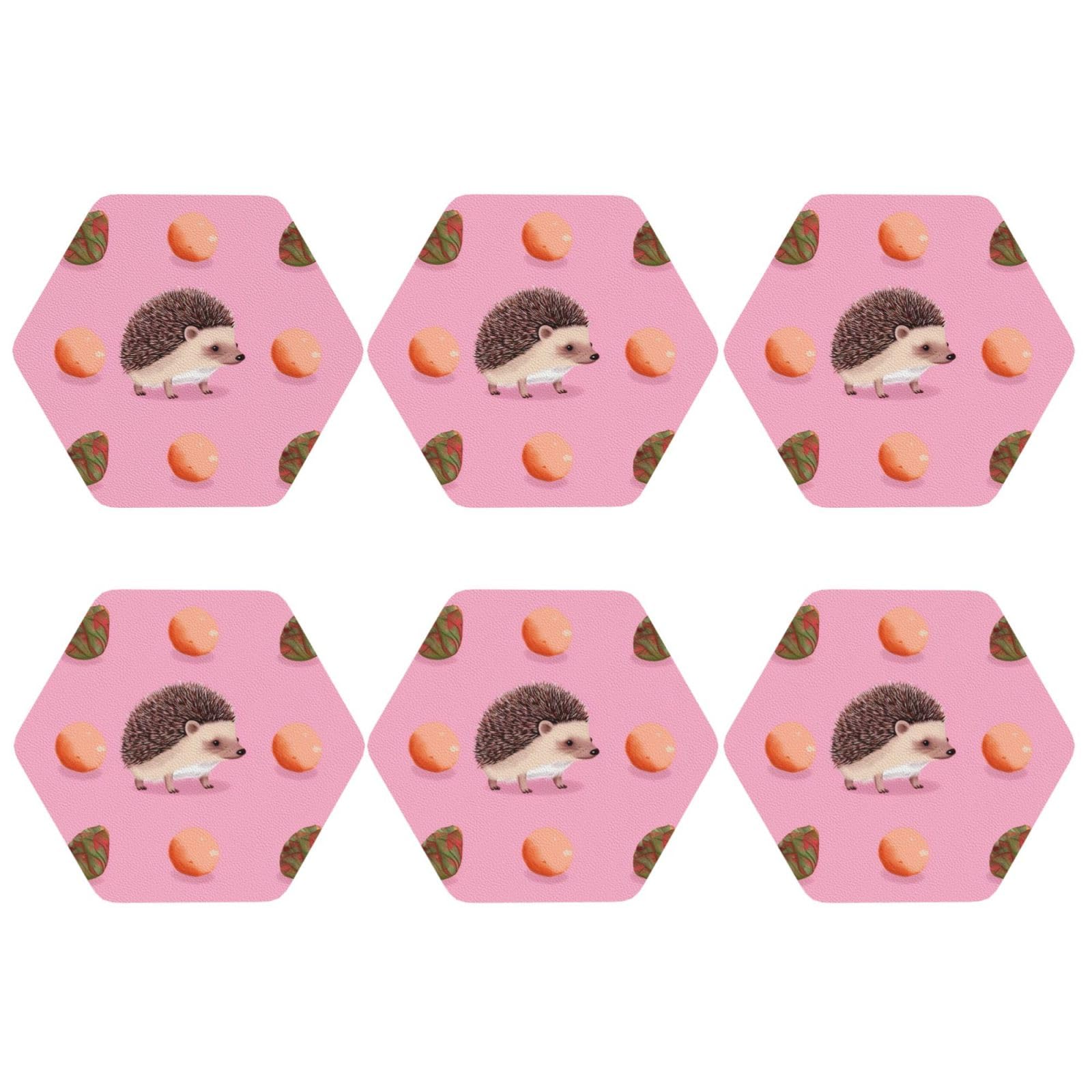 6pcs Leather Coasters for Drinks, Little Hedgehog Drink Coasters for Tabletop Protection, 4" Cup Coasters for Coffee Table Decor, Non-Slip Drinking Cup Mat for Hot Or Cold Drink