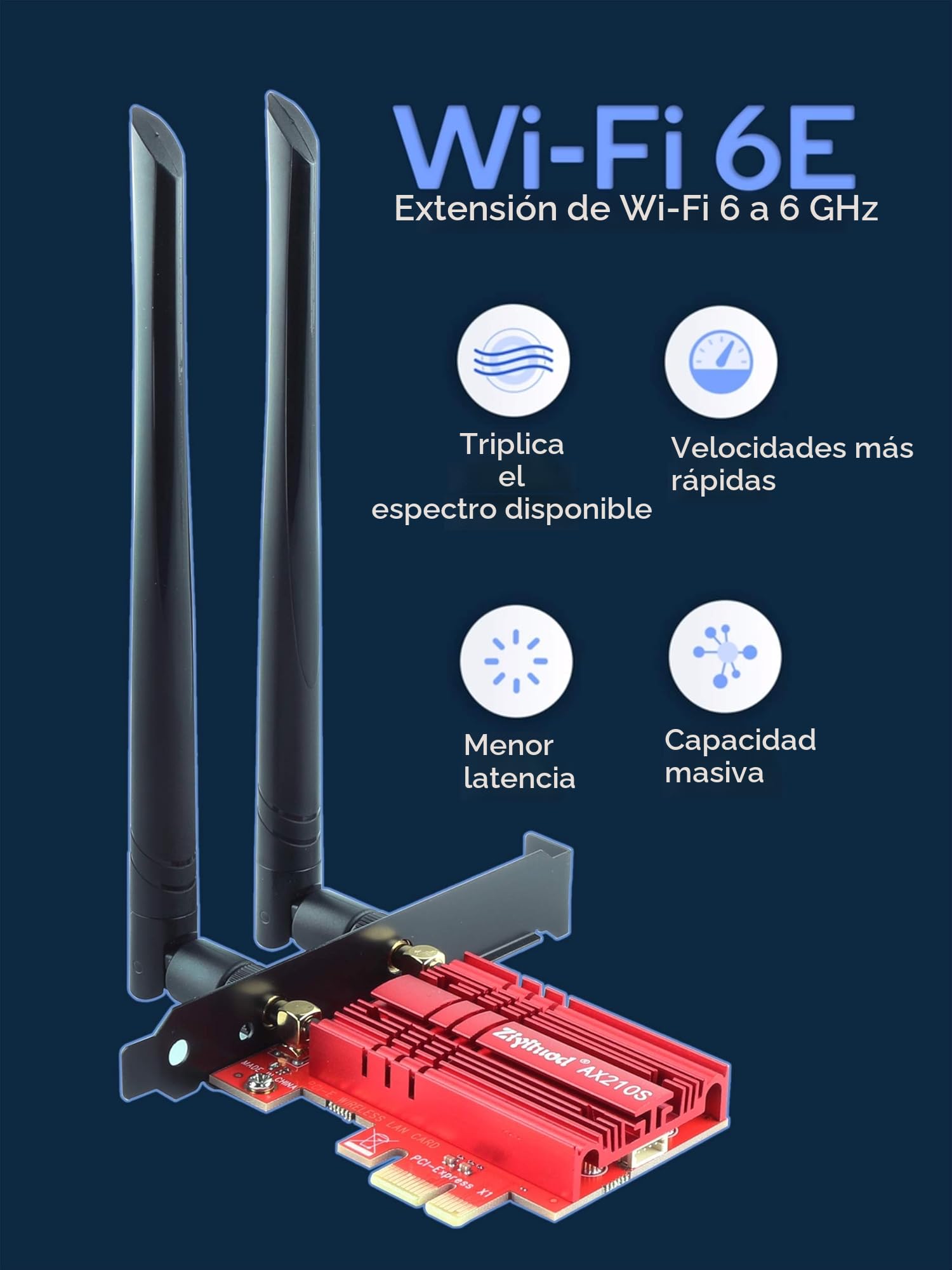 WiFi 6E Tarjeta WiFi Intel AX210 PCIe | Bluetooth5.2 | hasta 5400Mbps | Tri-Bands(6GHz/5GHz/2.4GHz) | OFDMA,MU-MIMO,Heat Sink | para Windows 11/10(64Bit)