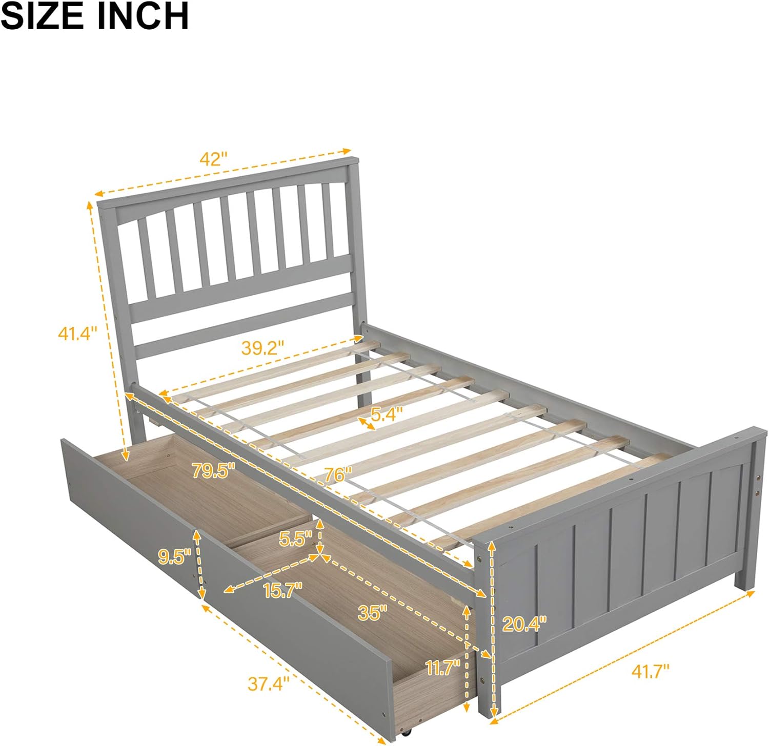 Bellemave Twin Size Platform Bed with Headboard and Drawer, Noise-Free Wood Twin Bed Frame for Bedroom, Space-Saving Bed Frame with Trundle, No Box Spring Needed, Gray