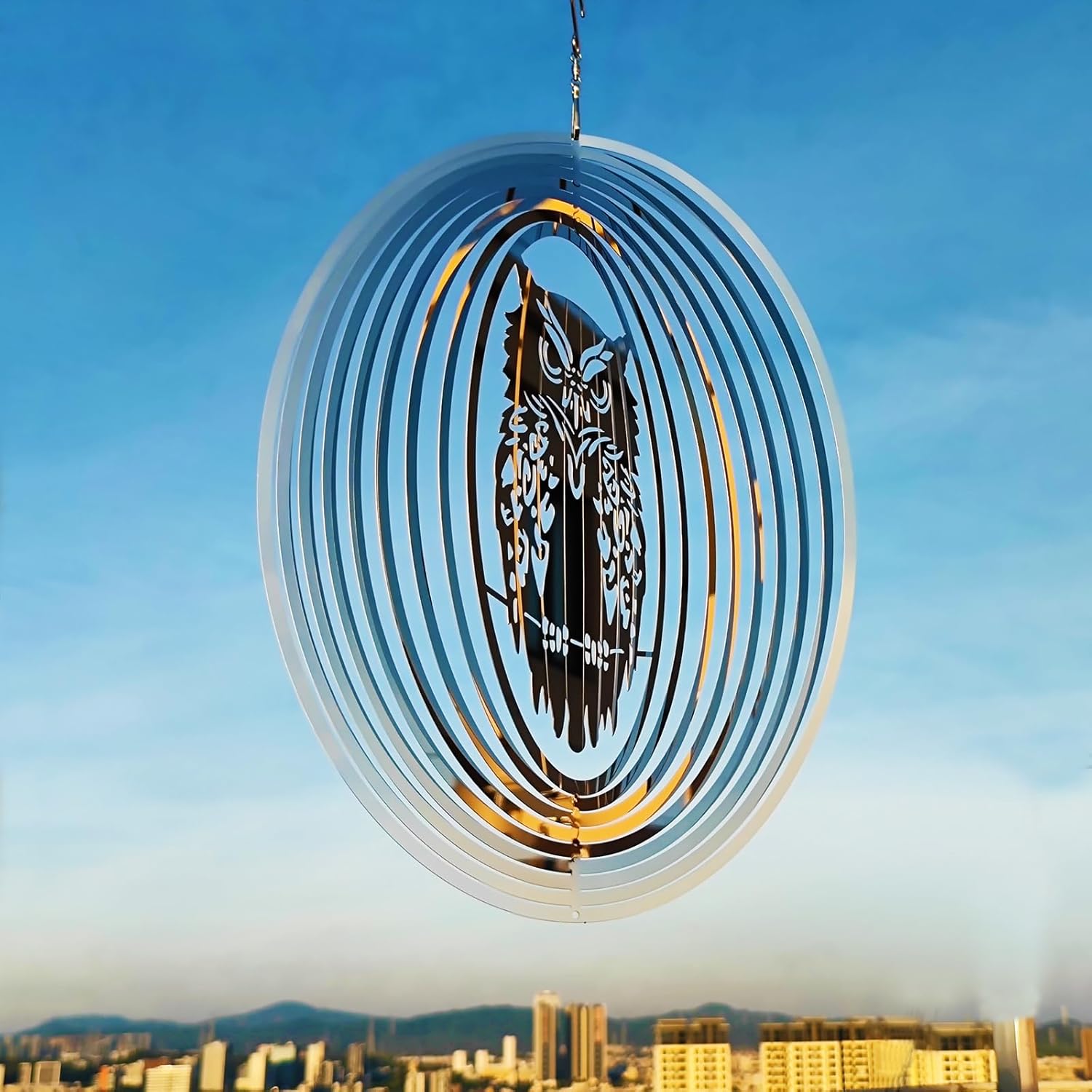 フクロウのかかし 鳥の抑止剤 屋外パティオガーデンポーチプールウィンドウ用、16インチミラー高反射鳥恐怖デバイス ウィンドスピナー