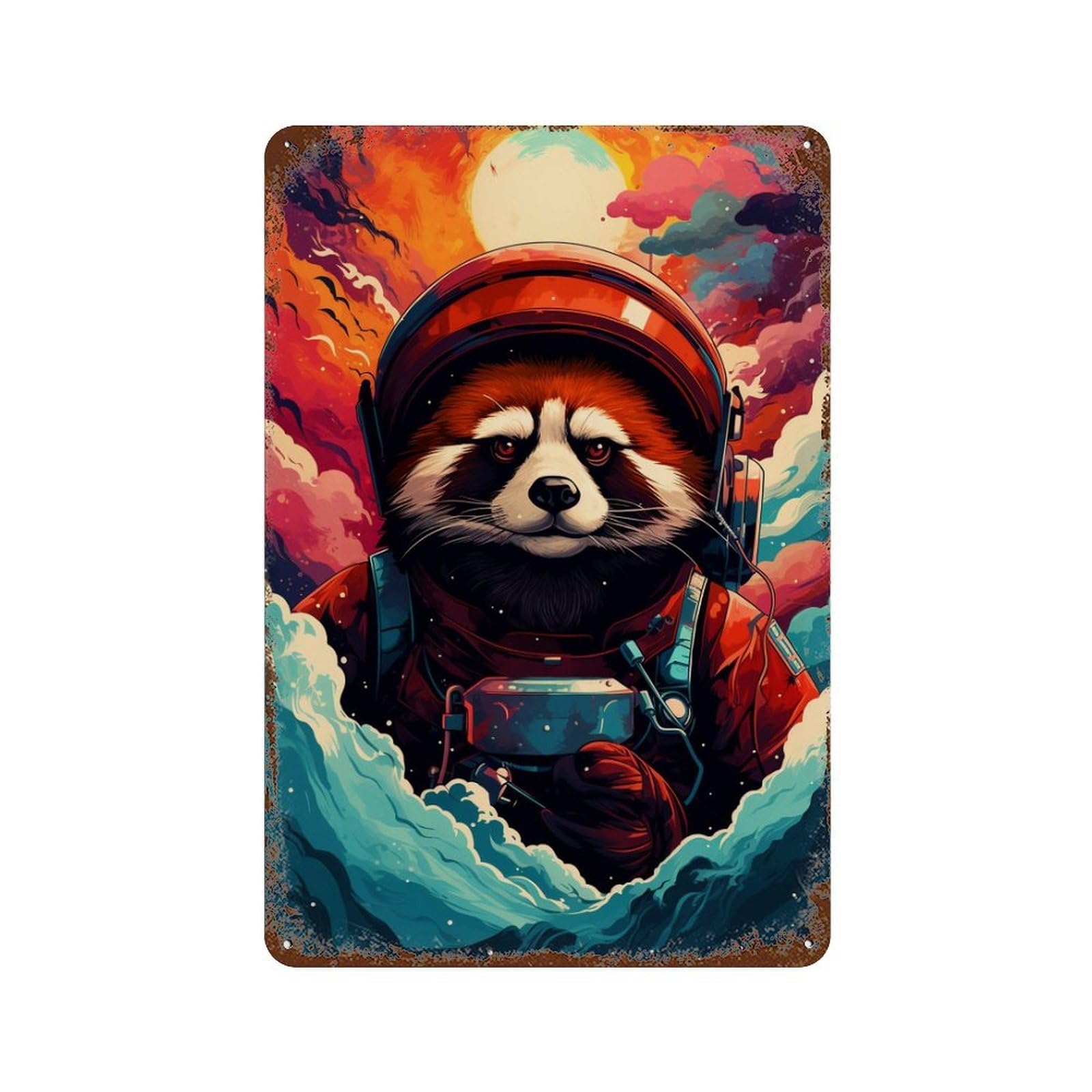 Rust Effect Red Panda Astronaut in Space Distressed Metal Wall Sign 11.8"x7.9", Shabby Chic Decor for Pub, Kitchen And Man Cave Decor