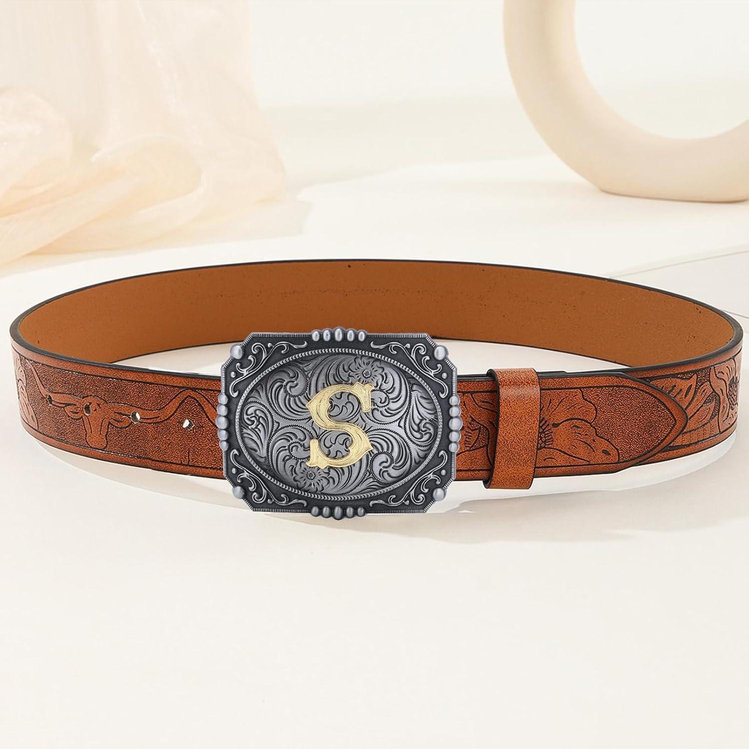 Belt Buckle Men Initial Letter A-Z American Flag Belt Buckle Western Cowboy Gifts for Women Cowgirl