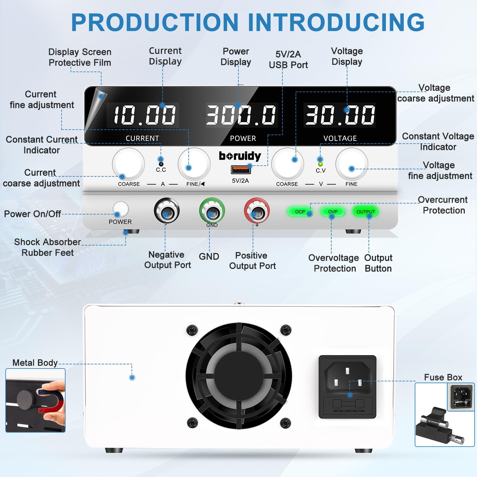 Alimentatore da Labotorio Alimentatore Stabilizzato Banco 30V 10A, Alimentatore DC Regolabile da Display LED a 4 Cifre, con Porta di Ricarica 5V2A USB, Pulsante OUTPUT, Manopola Encoder