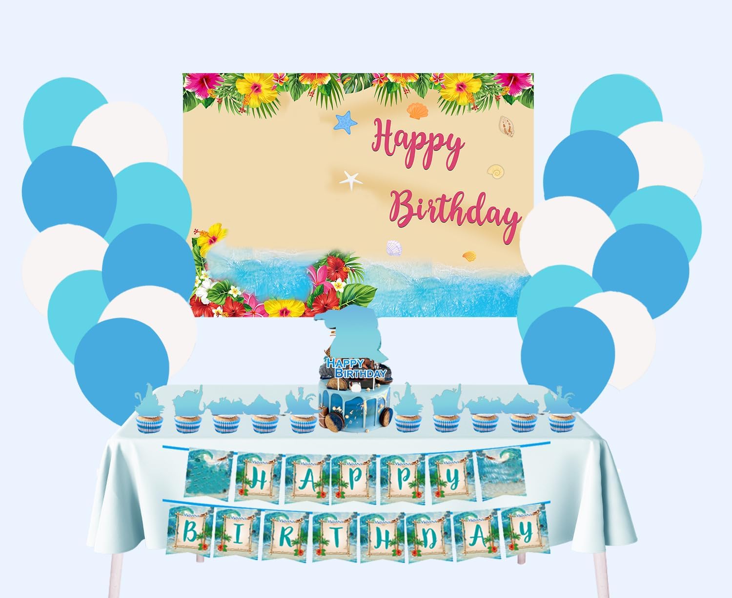 Moan Birthday Party Supplies-45PCS Moan Birthday Party decorations Moan Happy Birthday Backdrop Includes Moan Banner Balloons Cake Topper Cupcake Toppers