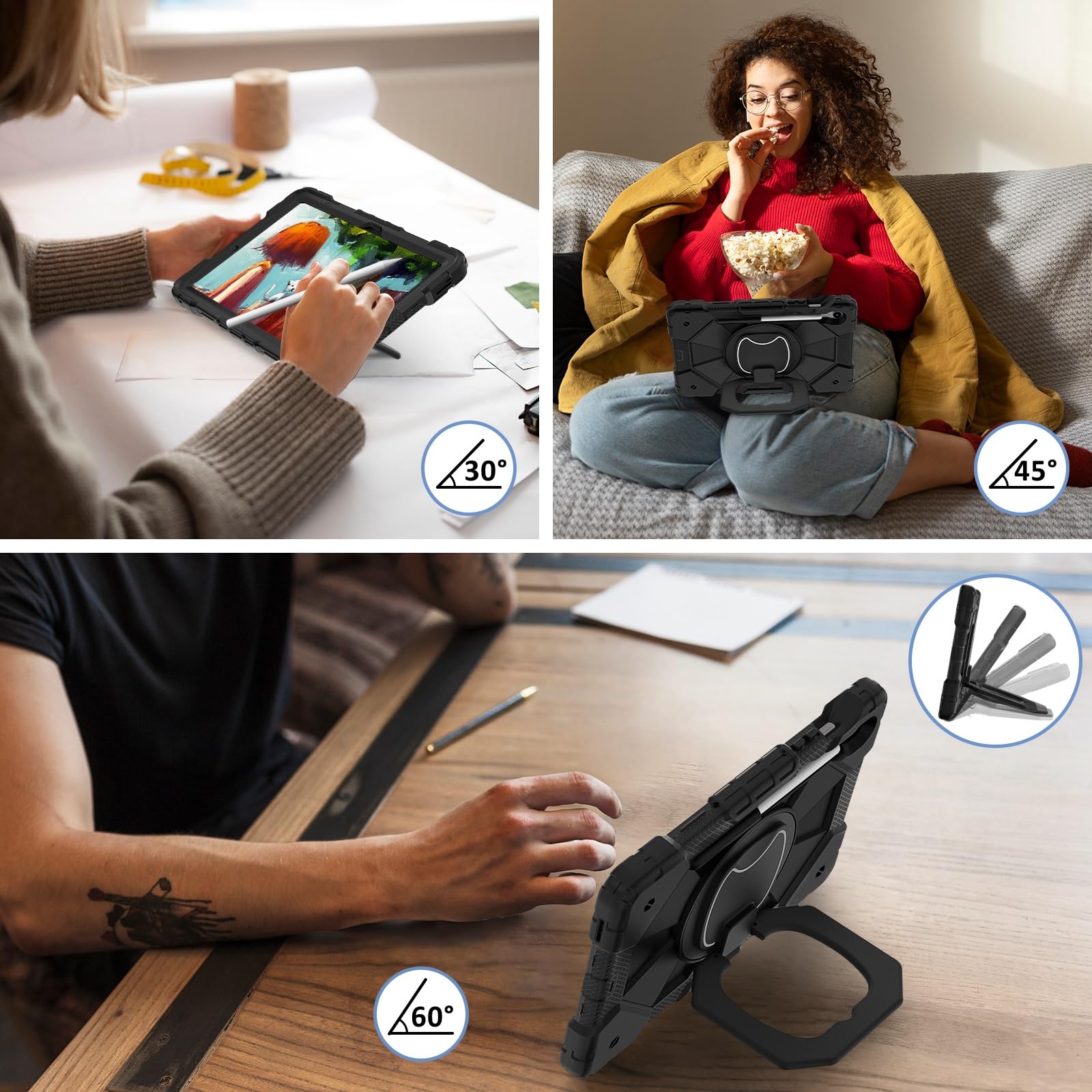 Etui do Samsung Galaxy Tab S10 Lite (2025) 10,9 cala SM-X400/X406B, wytrzymałe, odporne na wstrząsy, etui ochronne z obrotową podstawką 360° + pasek rękę + ramię(Noir)