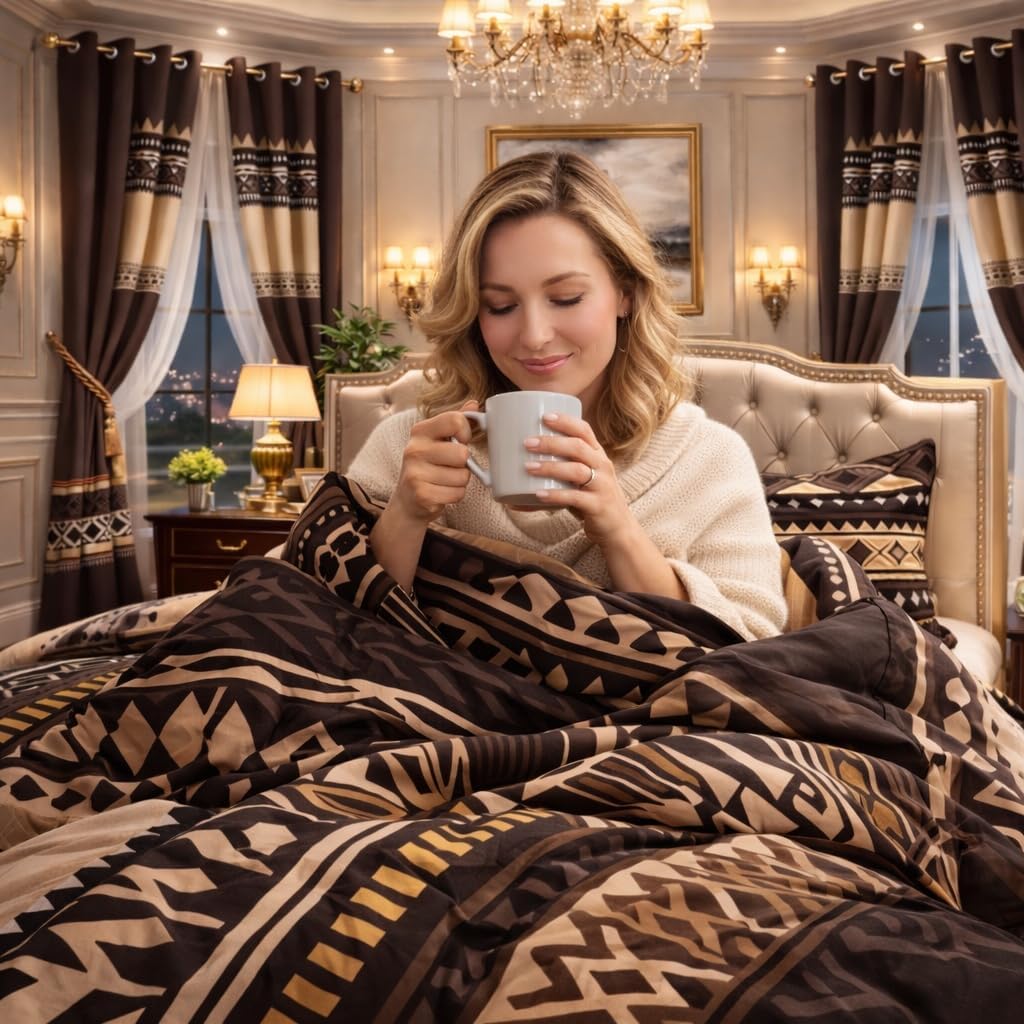 9pcs Bohemian Luxury Bedding Set - Soft Microfiber, Brown Beige Tribal Print, All-Season Lightweight & Breathable Queen/King/Kalking Size Bedspread with 2 Pillowcases & 6 Curtains, (King)