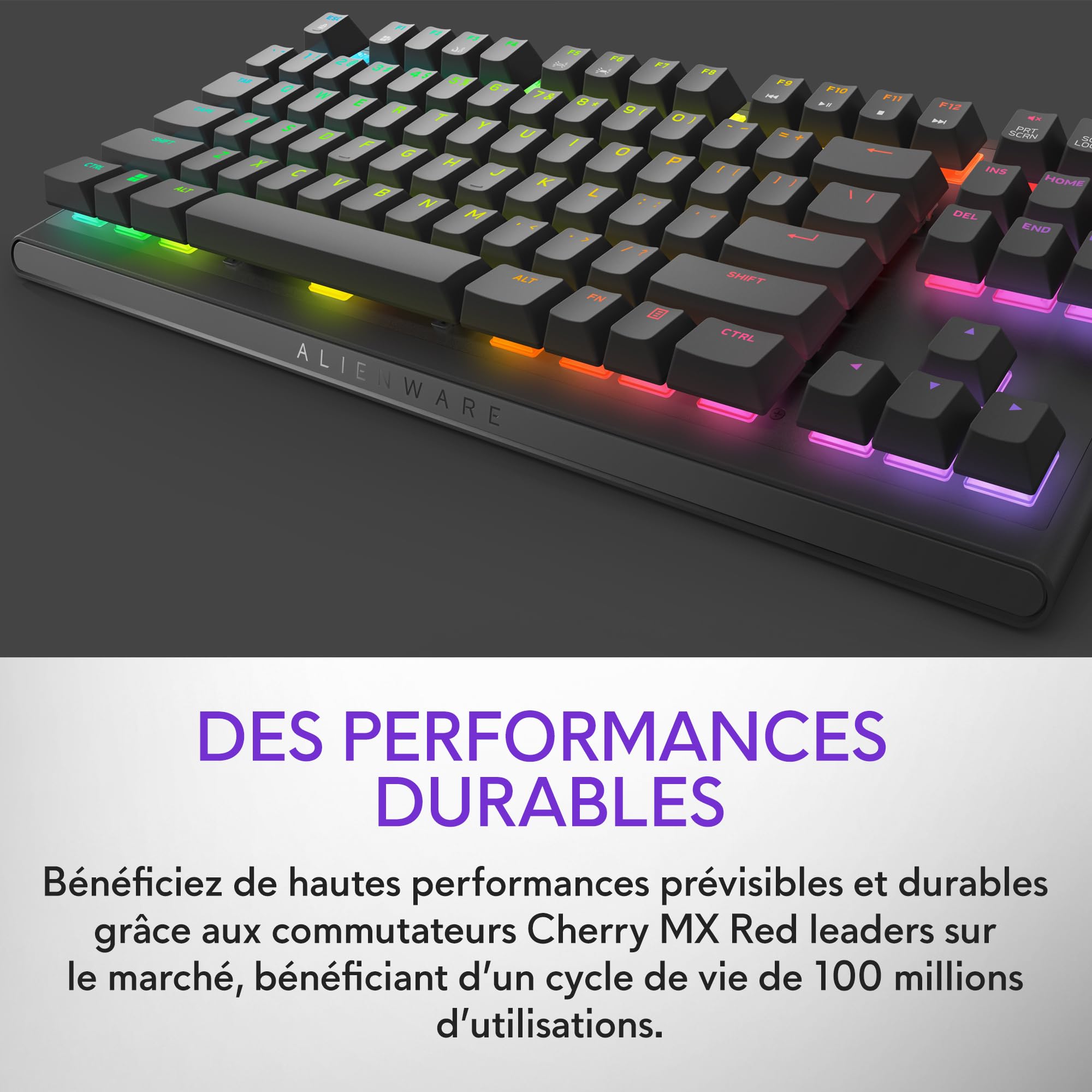 Alienware AW420K Clavier Gaming Filaire QWERTY, format compact sans pavé numérique, Cherry MX Red, touches PBT durables, rétroéclairage AlienFX RVB, USB détachable, Dark Side of the Moon
