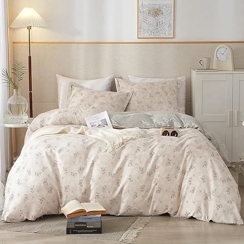 HighBuy Boho Floral Duvet Cover Queen Cotton Aesthetic Bedding Set , Comforter Cover Set, Reversible Green Garden Lightweight ,Soft, Zipper Closure, Breathable