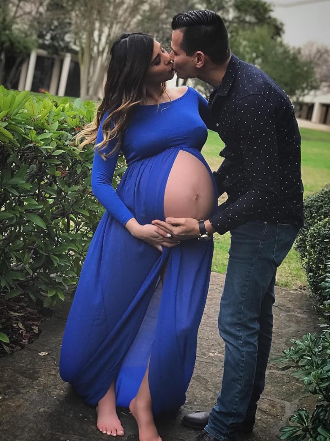 YnimioAOX Women's Off Shoulder Long Sleeve Maternity Dress for Photography Chiffon Maternity Gown for Photoshoot - Image 4