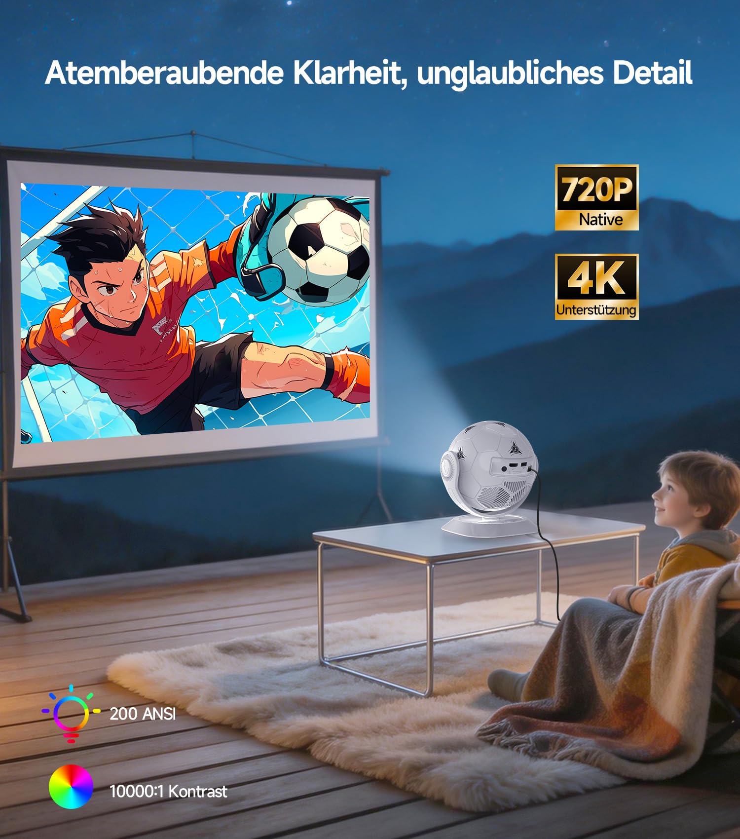 Magcubic Mini Beamer Projektor 4K Unterstützung für Heimkino Handy Smart TV | 360° Fußball-Motiv, Android 14 Apps Integriert, WiFi 6, Bluetooth 5.4, Auto Keystone, Klein Tragbar, Kurzdistanz, HY300F