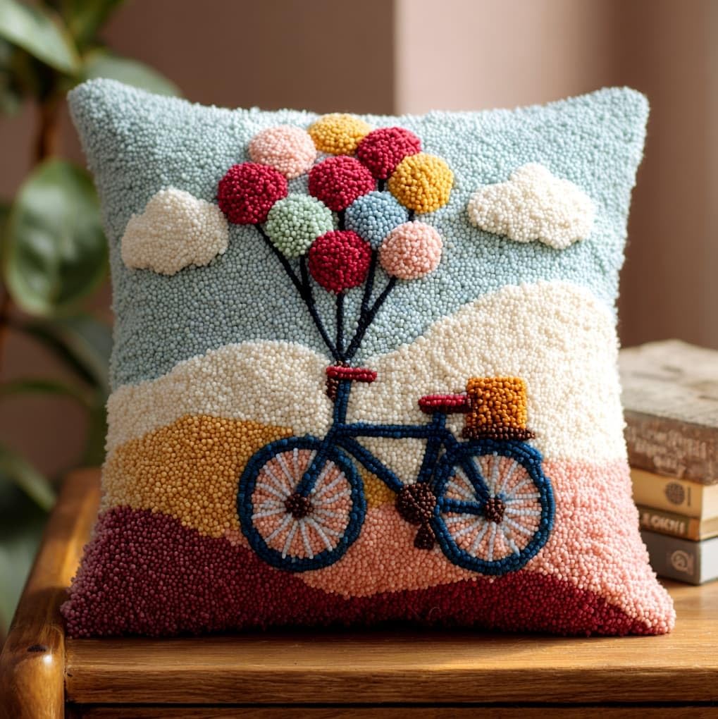 WallustrioaW Latch Hook Pillow Case Kits,Balloons on Bicycles,Embroidery Kits DIY Latch Hook for Aadults Cross Stitch Cushion,17x17in