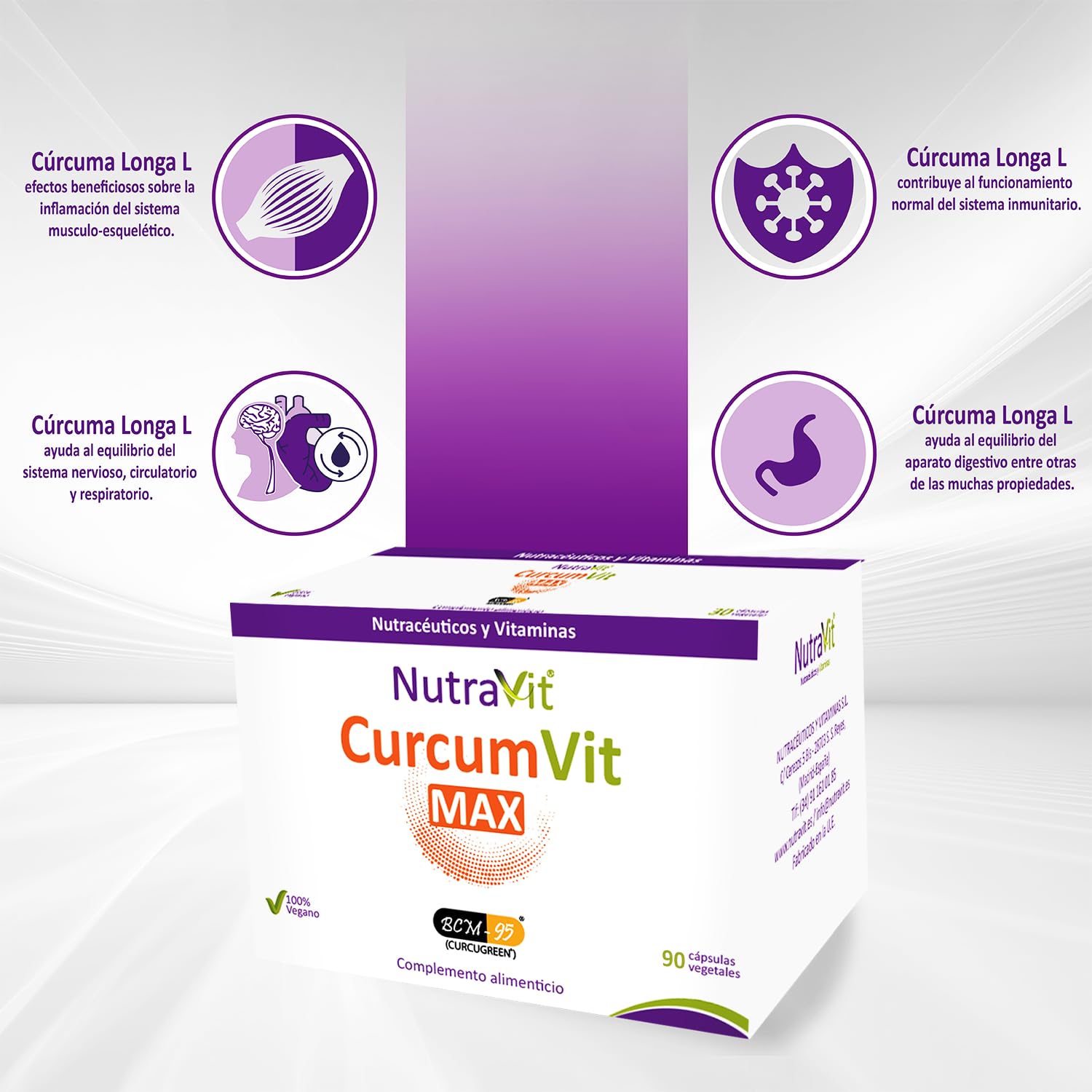 CURCUMVIT MAX Contribuye al funcionamiento del S.inmunitario,equilibrio del S.nervioso,circulatorio,respiratorio y el aparato digestivo C.Alimenticio base de Cúrcuma fitosomada 100% Vegano 90 CV