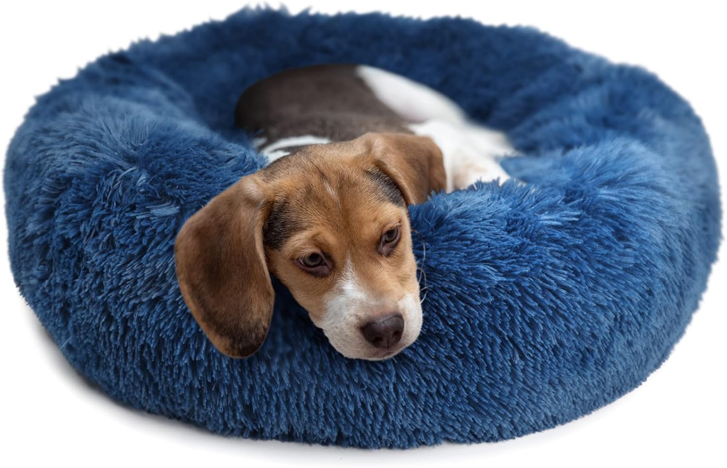 Calming Dog Bed for Medium Dogs Washable Donut 30 inches Anti-Slip Pet Bed,Round Fluffy Plush Faux Fur Cat Bed,Fits up to 45 lbs Pets,Navy Blue 30.0"L x 30.0"W x 7.0"Th Navy Blue