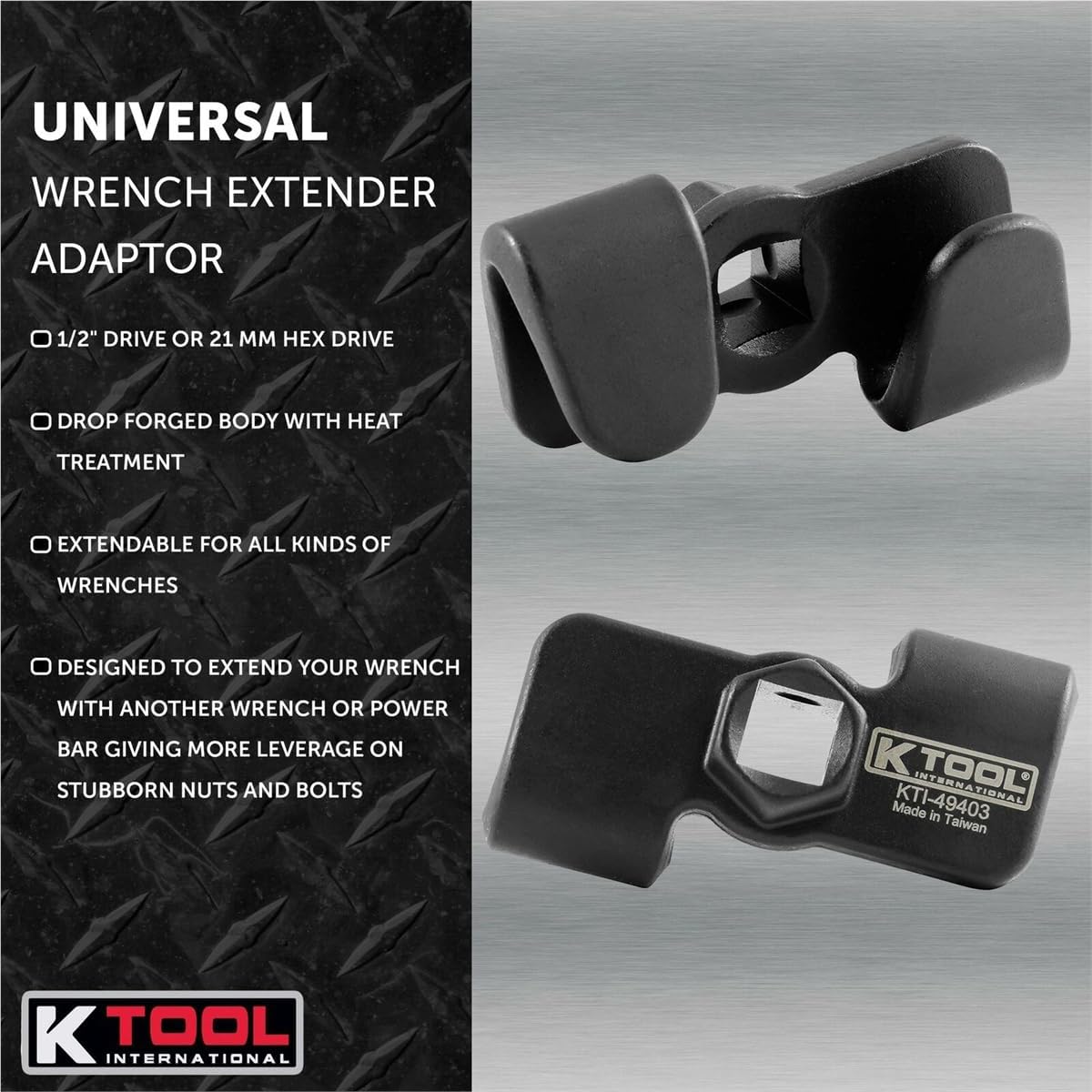 K Tool International 49403 Universal Wrench Extender Adaptor, 1/2 Inch or 21mm Hex Drive, Drop Forged Body with Heat Treatment, Extendable, Black