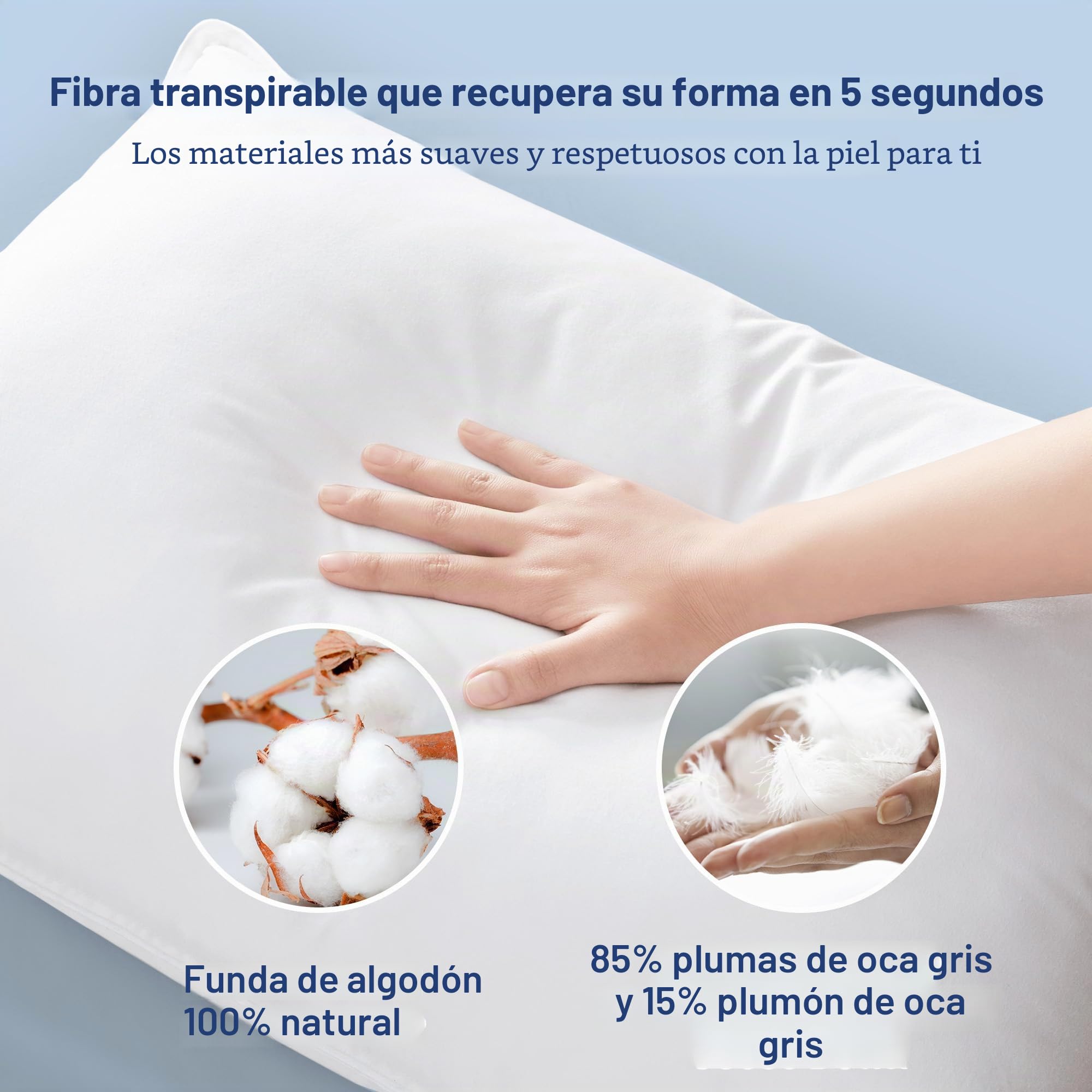 UNIKOME Almohada de Pluma y plumón de Ganso, Juego de 2 Almohadas 50x75cm, Funda de Almohada de Lujo de 100% algodón, Lavable, Oeko-Tex, Blanco (50×75cm)