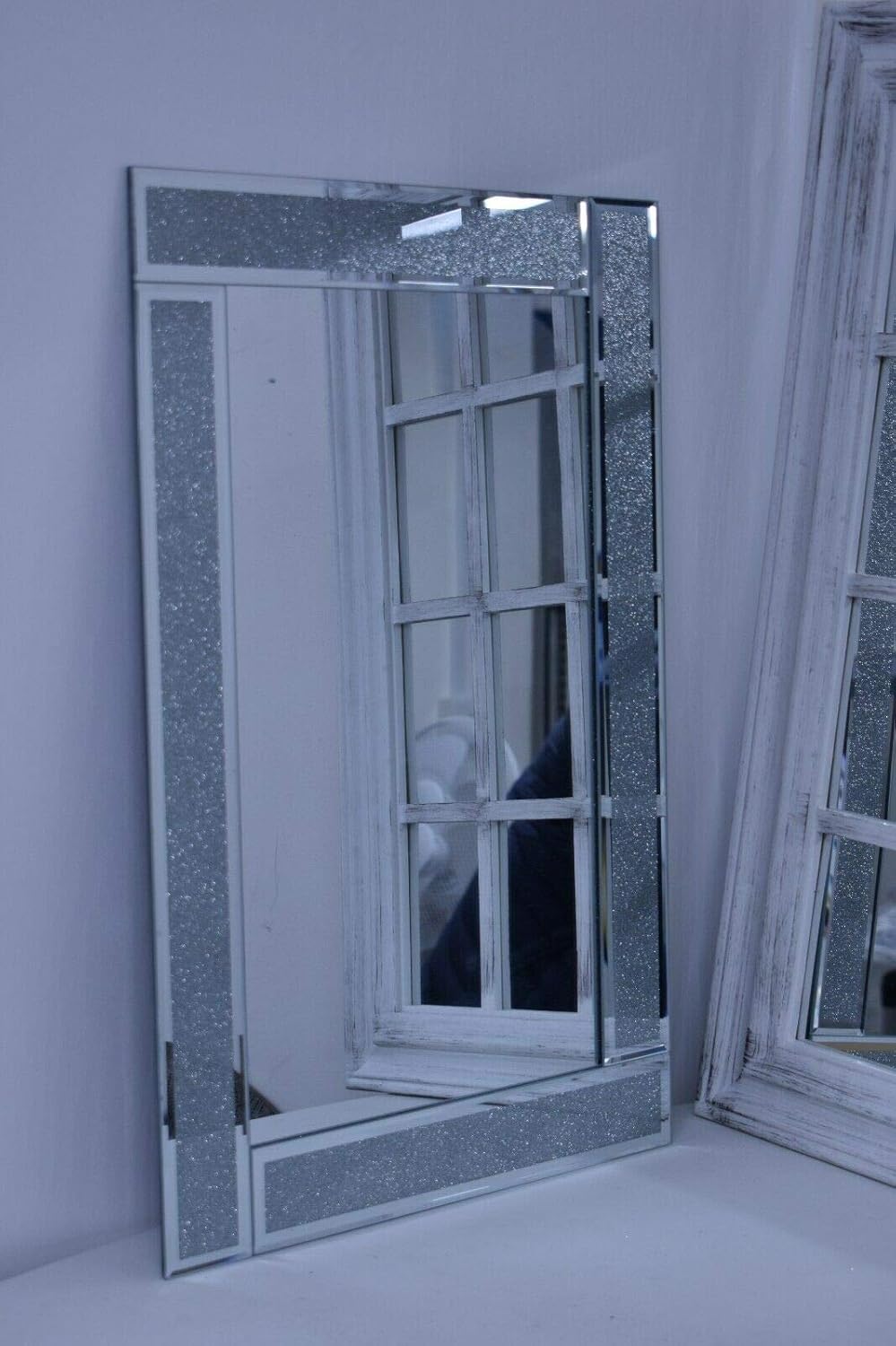 Deenz Large Sparkle Silver Glitter Wall Mirror Frame Glass Living Room