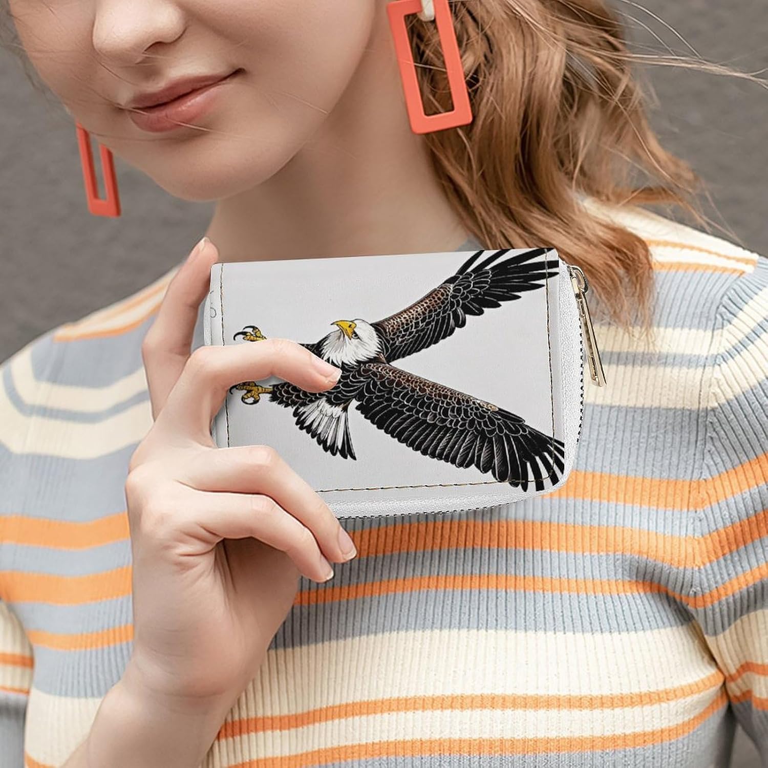 Leather Card Organizer Case Card Wallet Credit Card Holder Sketch of Bald Eagle Diving Printed Zipper Card Cases Holder for Women Men