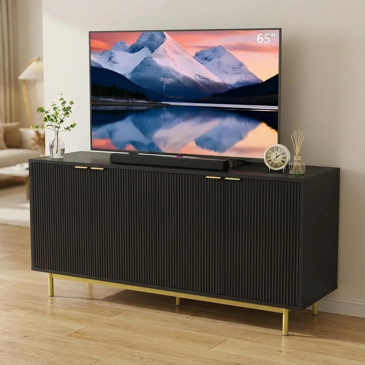 Vipbear 58 Inch Black TV Stand for 65 Inch TV, Modern Fluted Media Console Table with 4 Doors, Large Entertainment Center with Storage, Black Sideboard Buffet Cabinet for Dining Room and Living Room