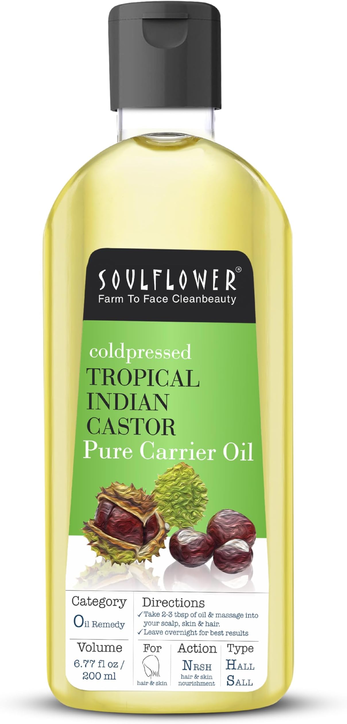 Soulflower Organic Castor Oil, Organic, Cold Pressed, Hexane Free, Thicker Hair, Eye Brows & Lashes, 100% Pure, Natural, Certified Organic, 6.77 Fl Oz