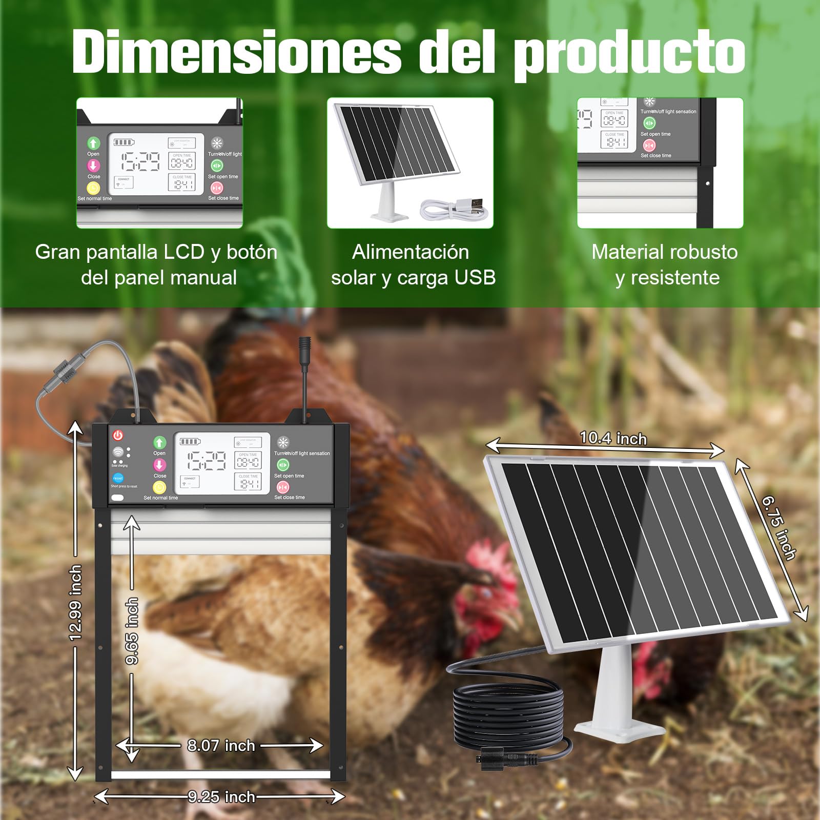 Puerta Automática para Gallinero Control de Aplicación, Pantalla LCD, Control mediante Aplicación, Control Remoto, Sensor de Luz, Temporizador y Manual, Carga Solar y USB, Antipinzamiento, Impermeable